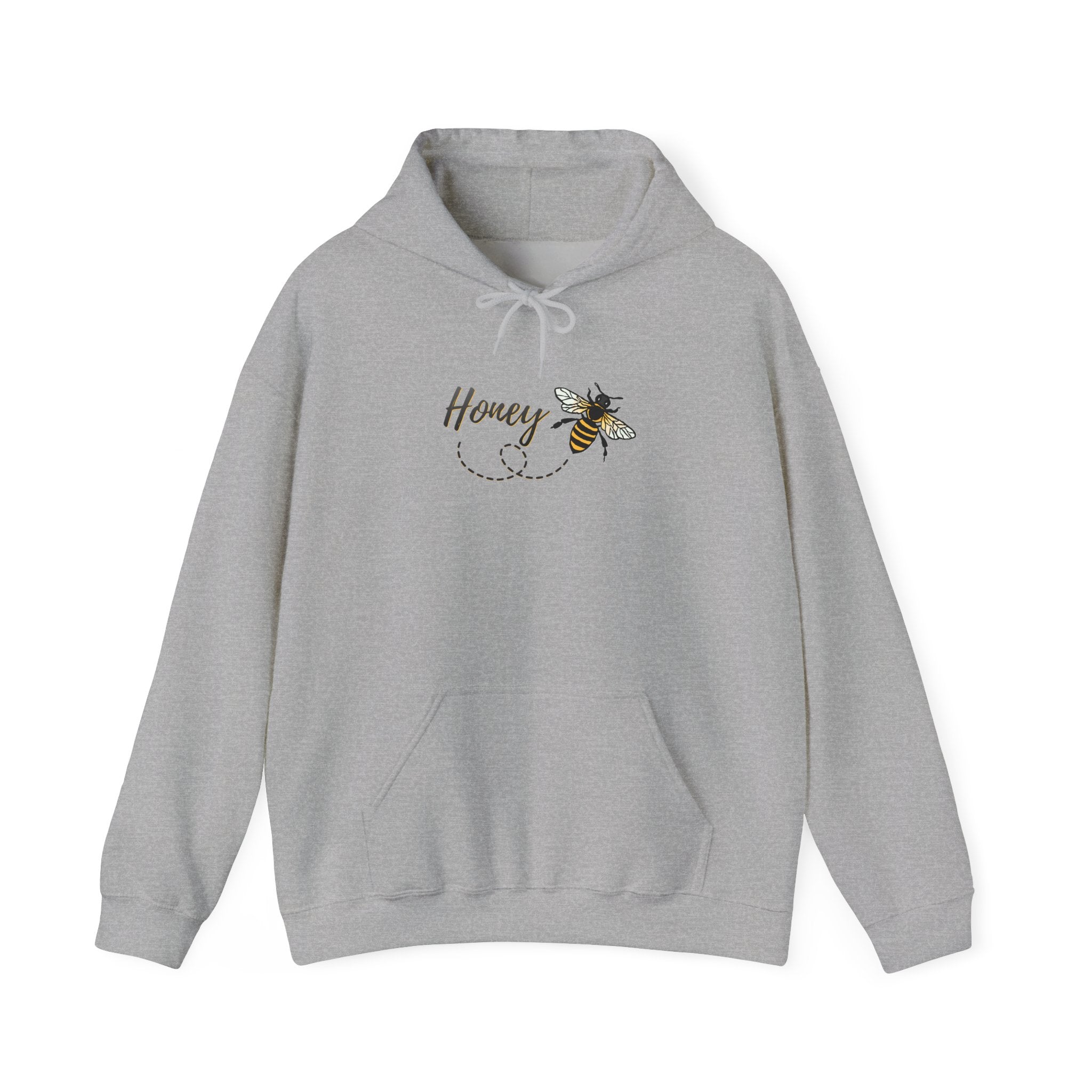Gray hoodie with honey bee animal & text "Honey" on a white background