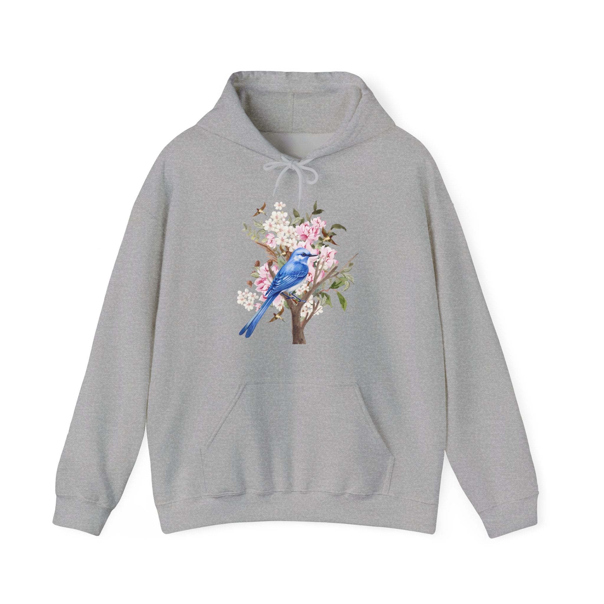 Gray hoodie with a blue bird and floral design on a white background