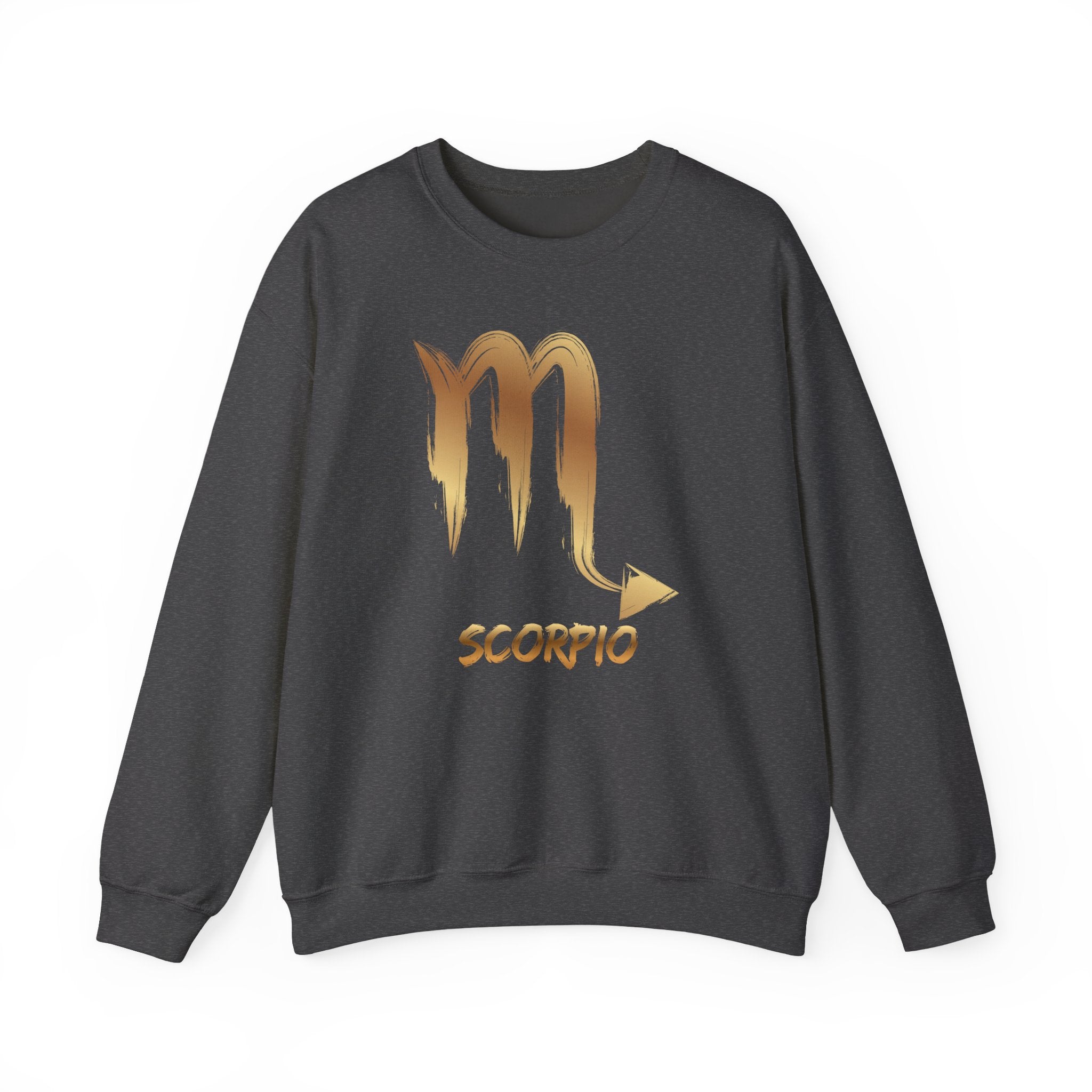 Dark gray sweatshirt with gold Scorpio zodiac symbol on a white background