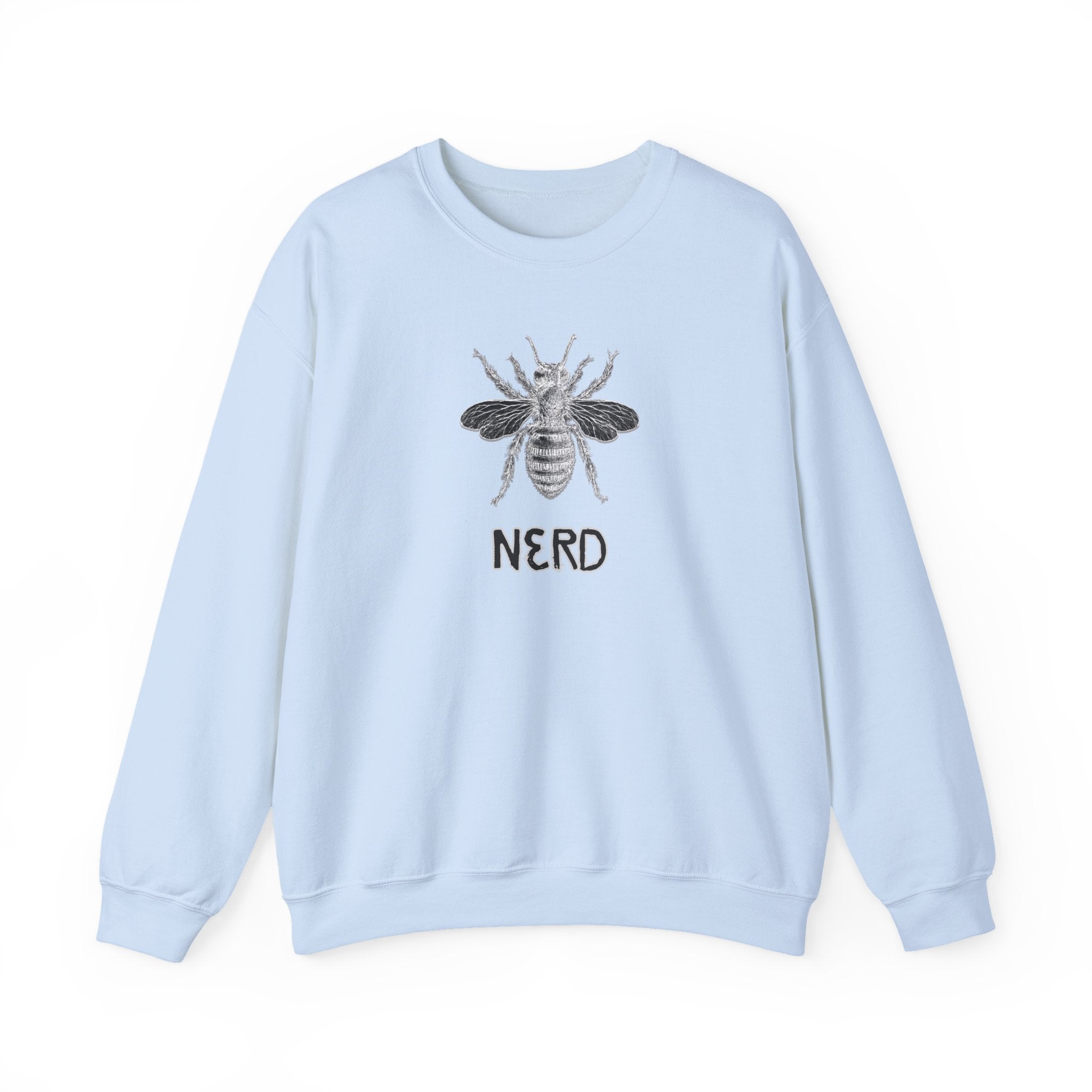 Light blue sweatshirt with bee graphic and 'NERD' text on a white background