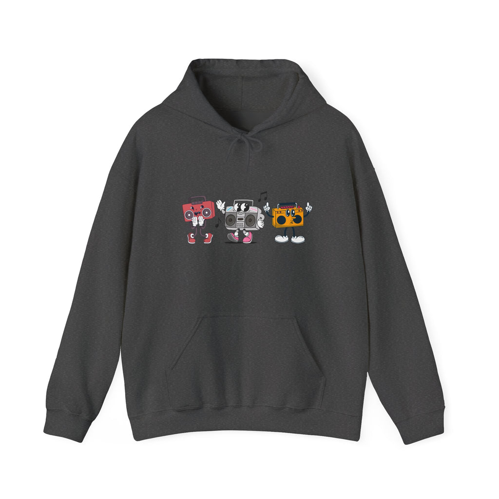 Dark gray hoodie with colorful robot design on a white background