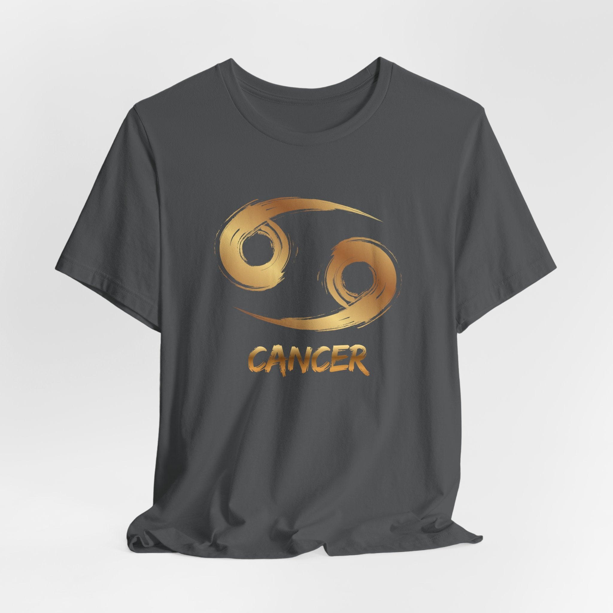 Black t-shirt with gold Cancer zodiac symbol on a white background