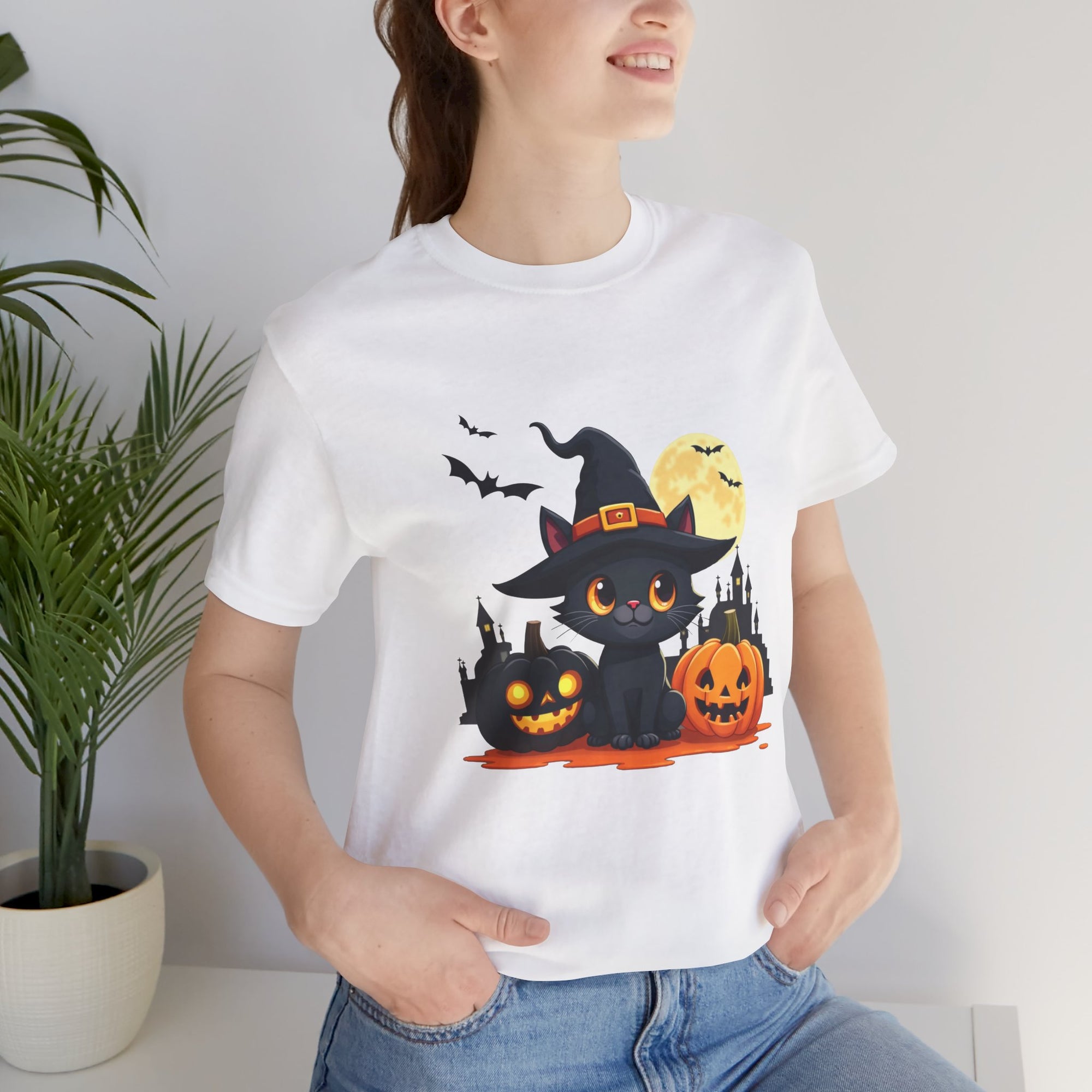 Halloween Cat with Black and Orange Pumpkins T-shirt for Men and Women