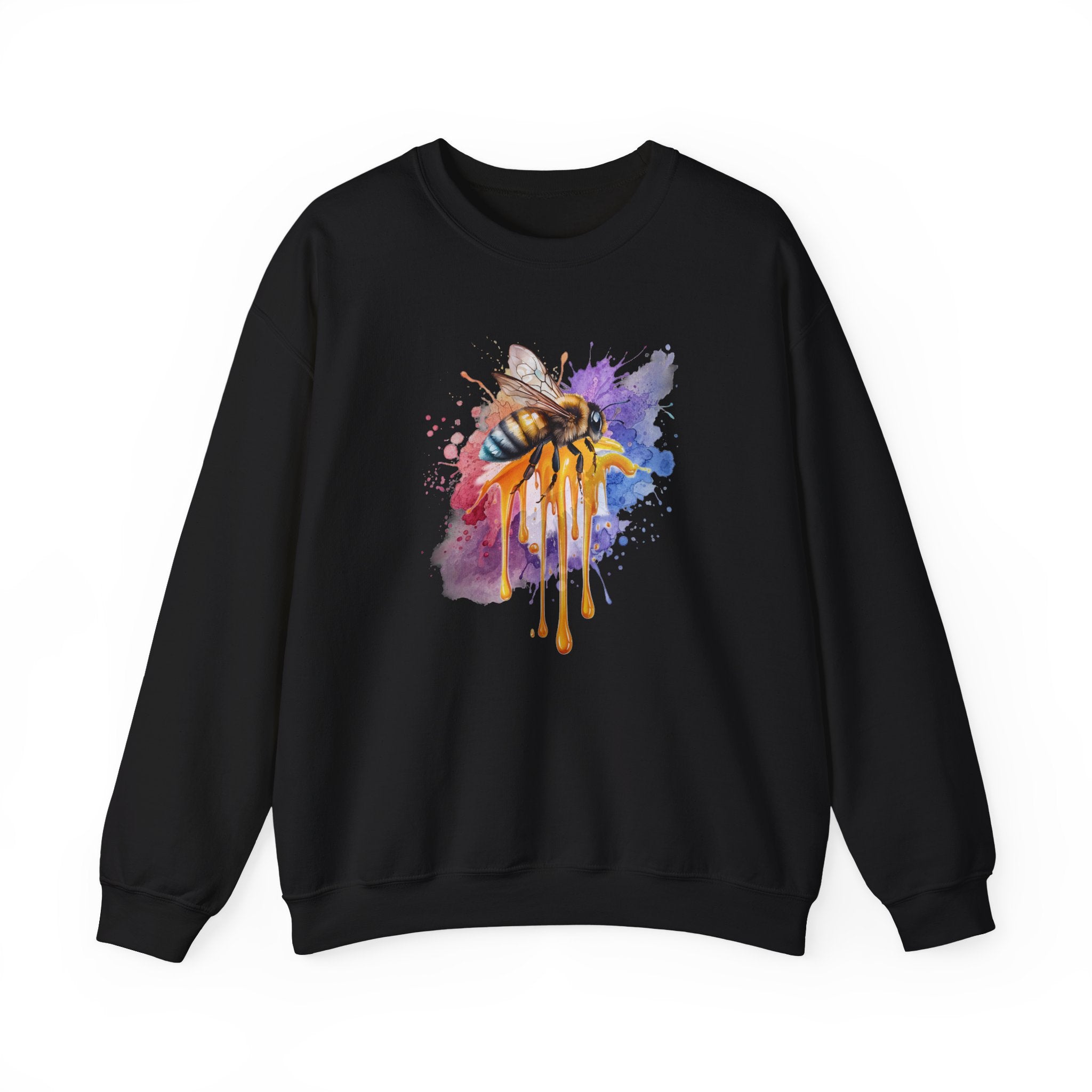 Black sweatshirt with a colorful bee design on a white background