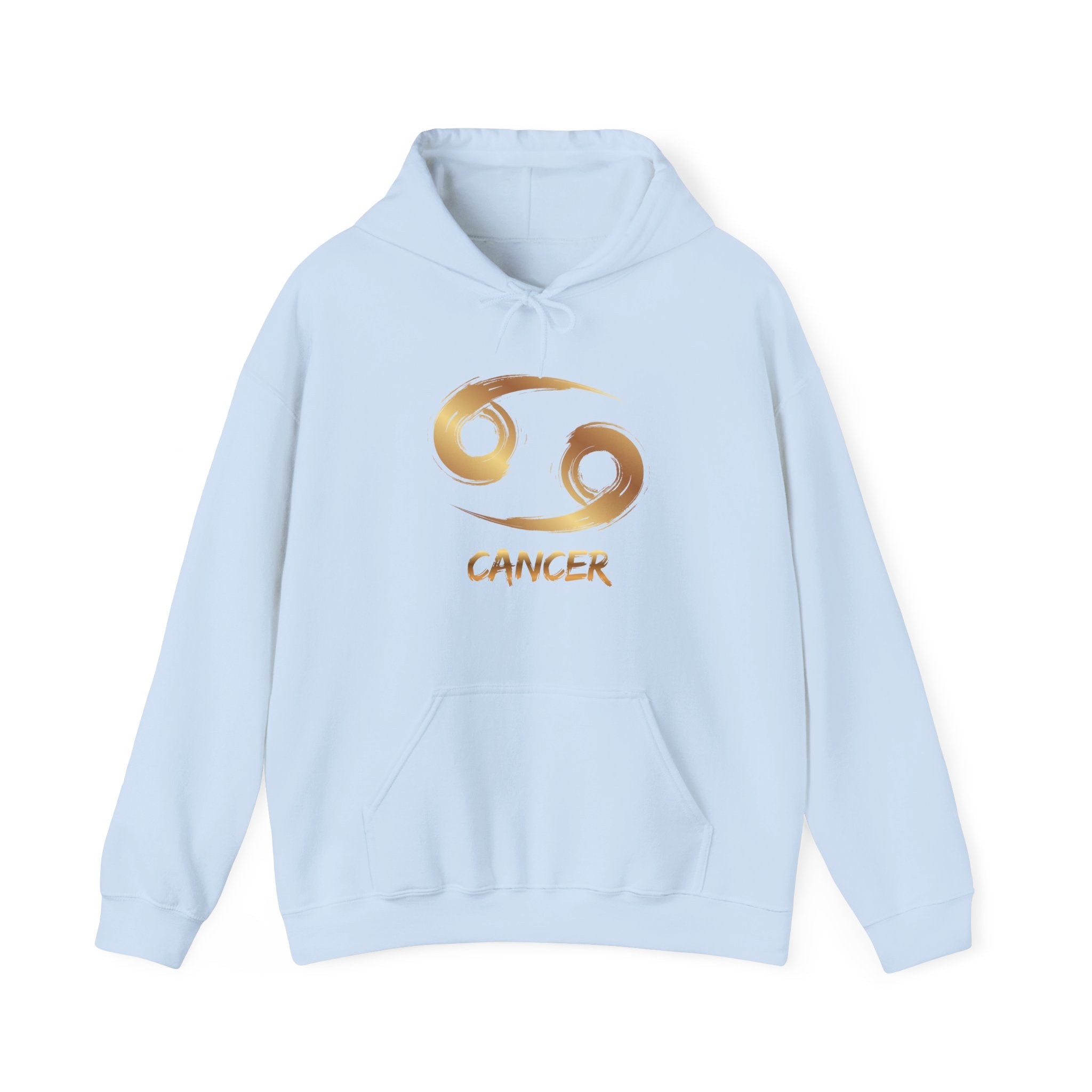 Light blue hoodie with gold Cancer zodiac symbol on a white background