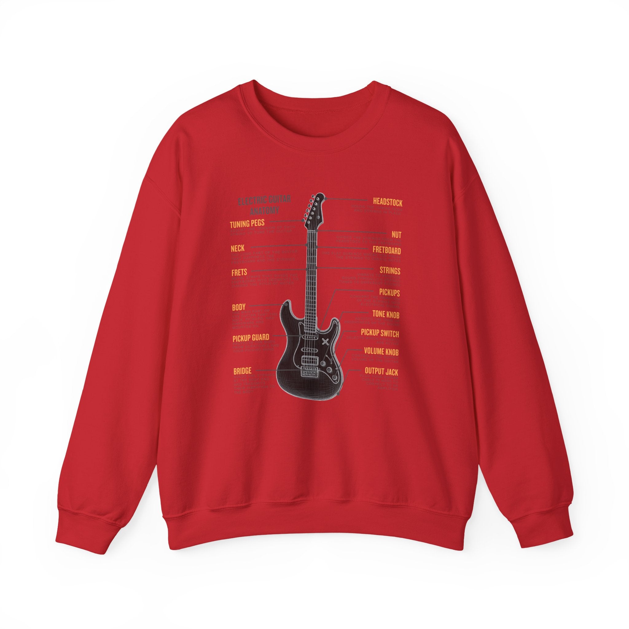 Red sweatshirt with a black electric guitar graphic and labeled parts on a white background