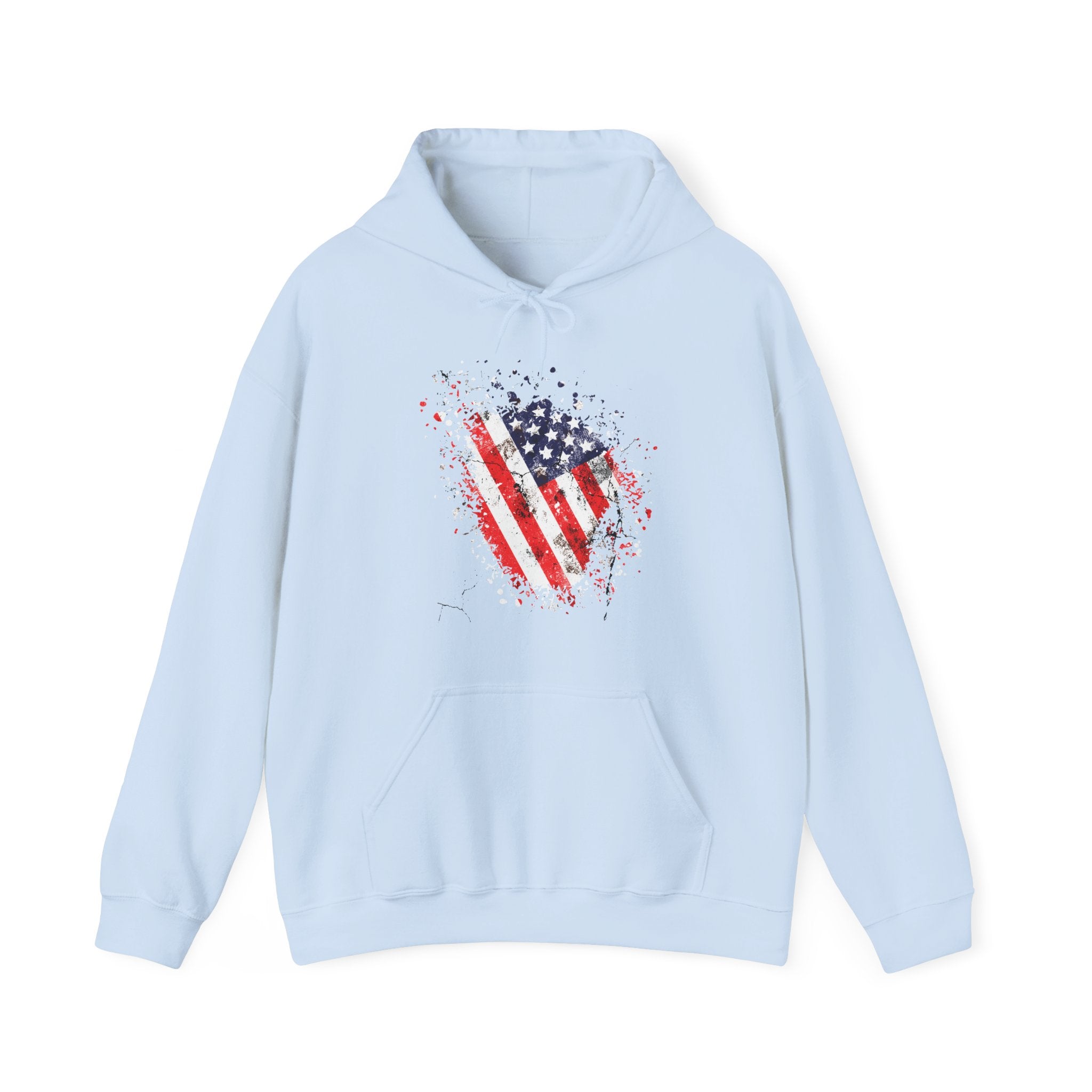 Light blue hoodie with American flag design on a white background