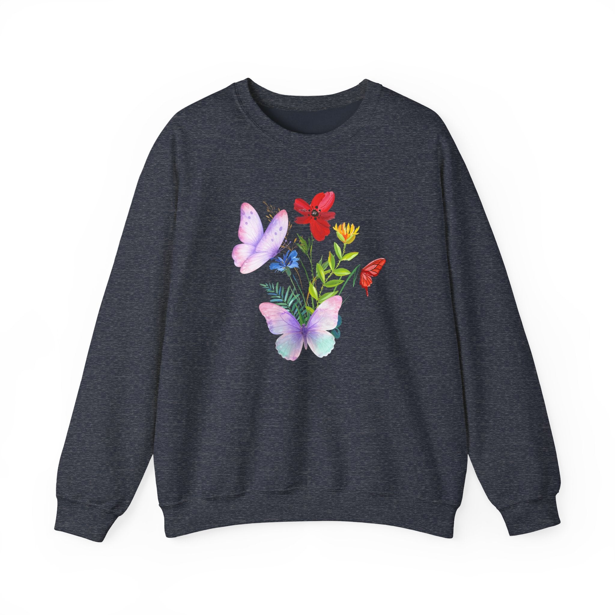 Dark navy sweatshirt with colorful butterfly and floral design on a white background