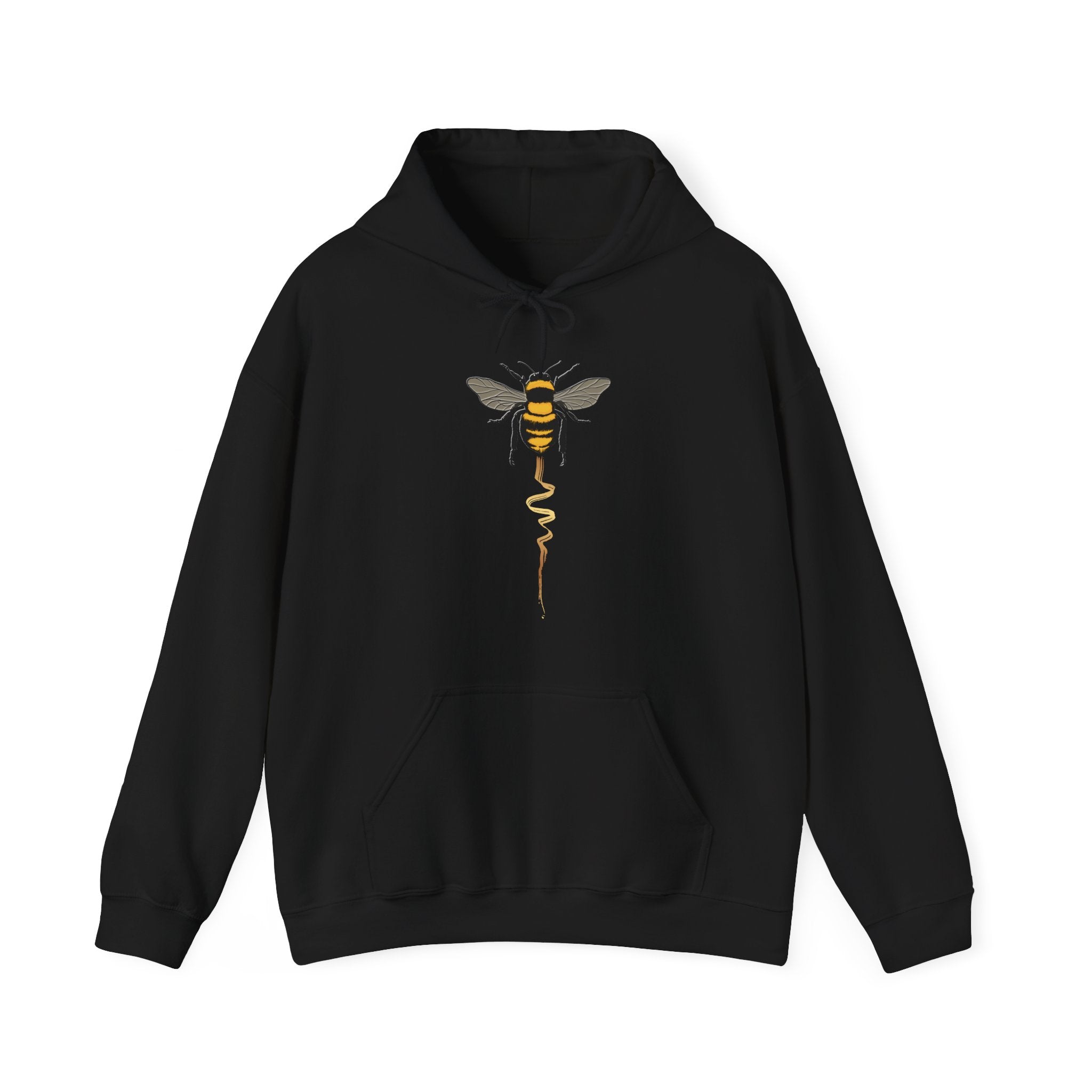 Black hoodie with a bee design on a white background