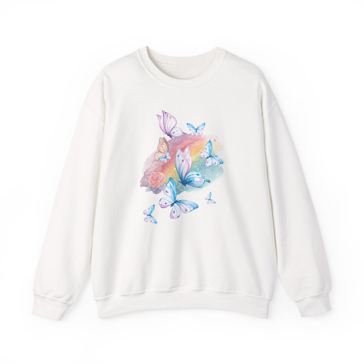 White sweatshirt with colorful butterfly design on a white background