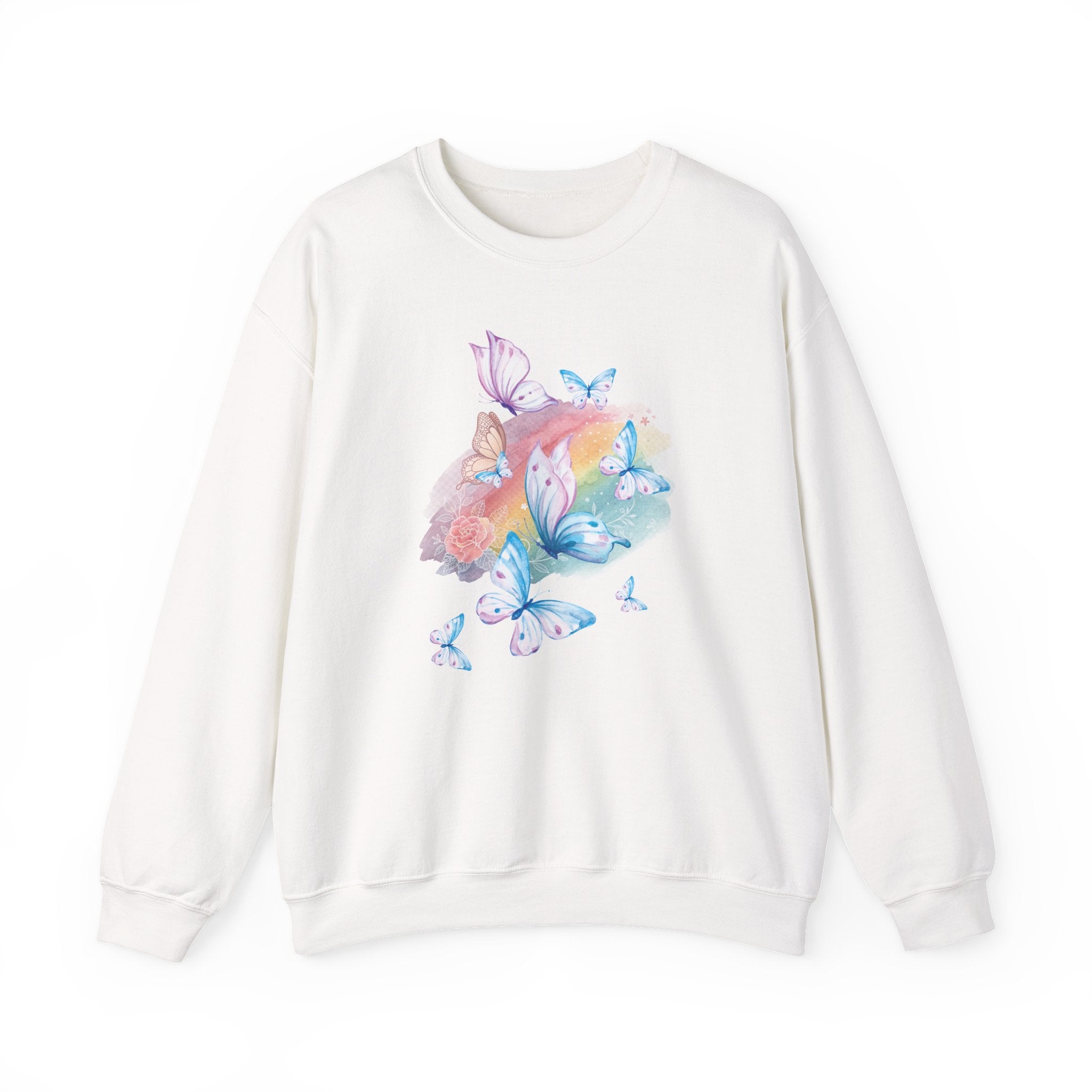 White sweatshirt with colorful butterfly design on a white background