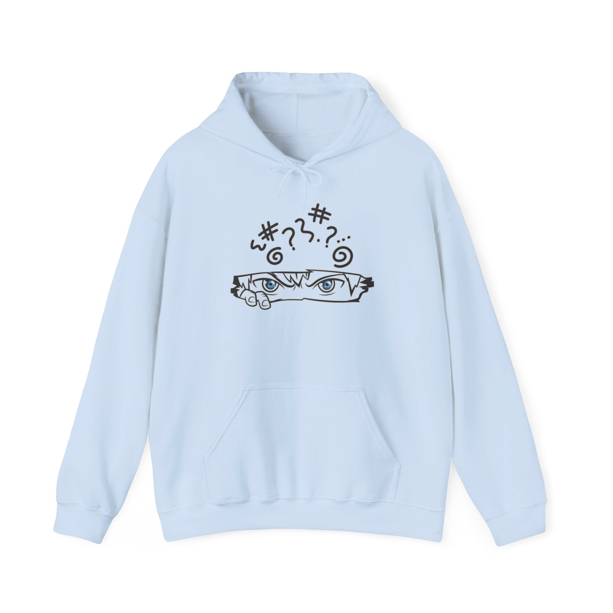 Light blue hoodie with a graphic anime design against a white background