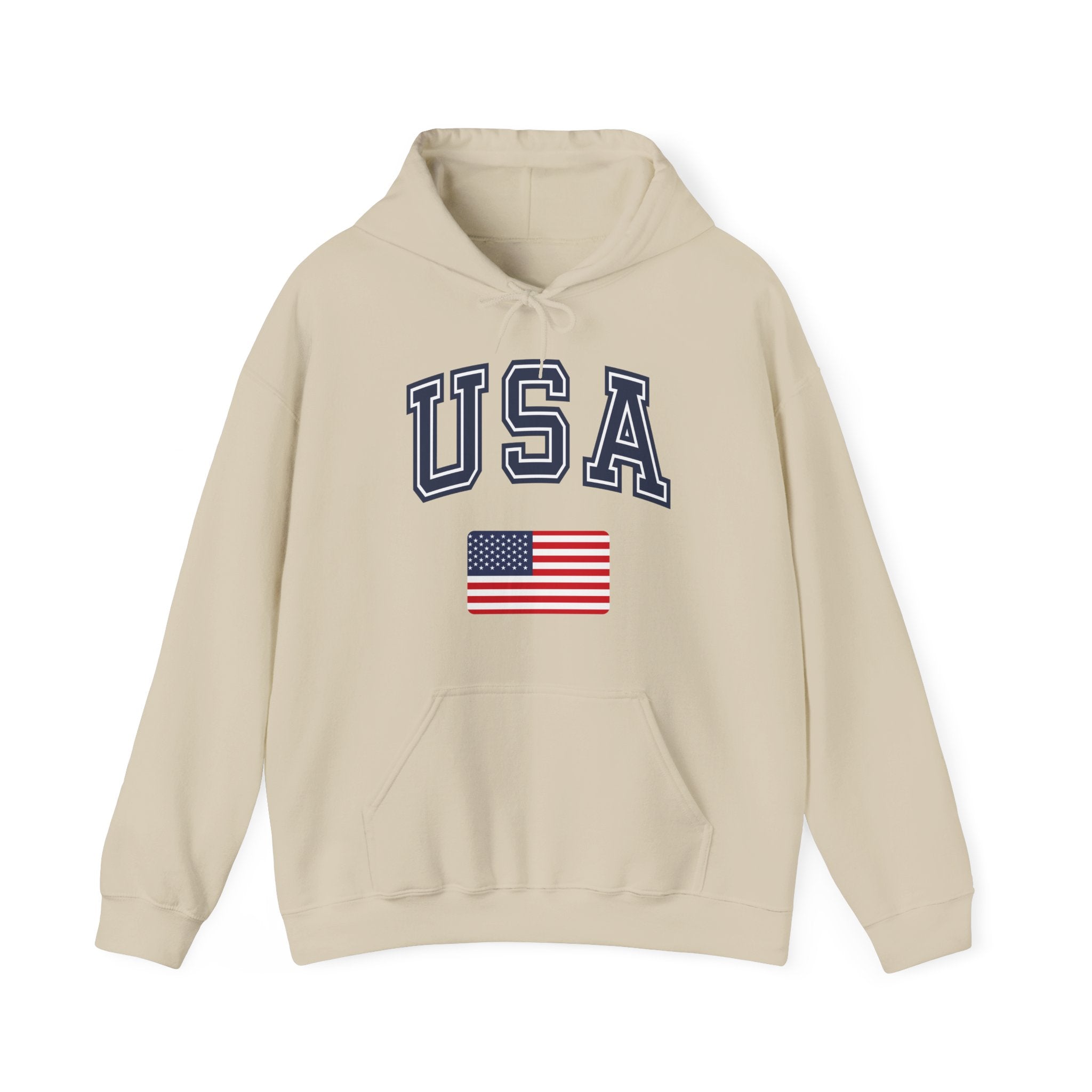 Beige hoodie with 'USA' text and American flag on a white background