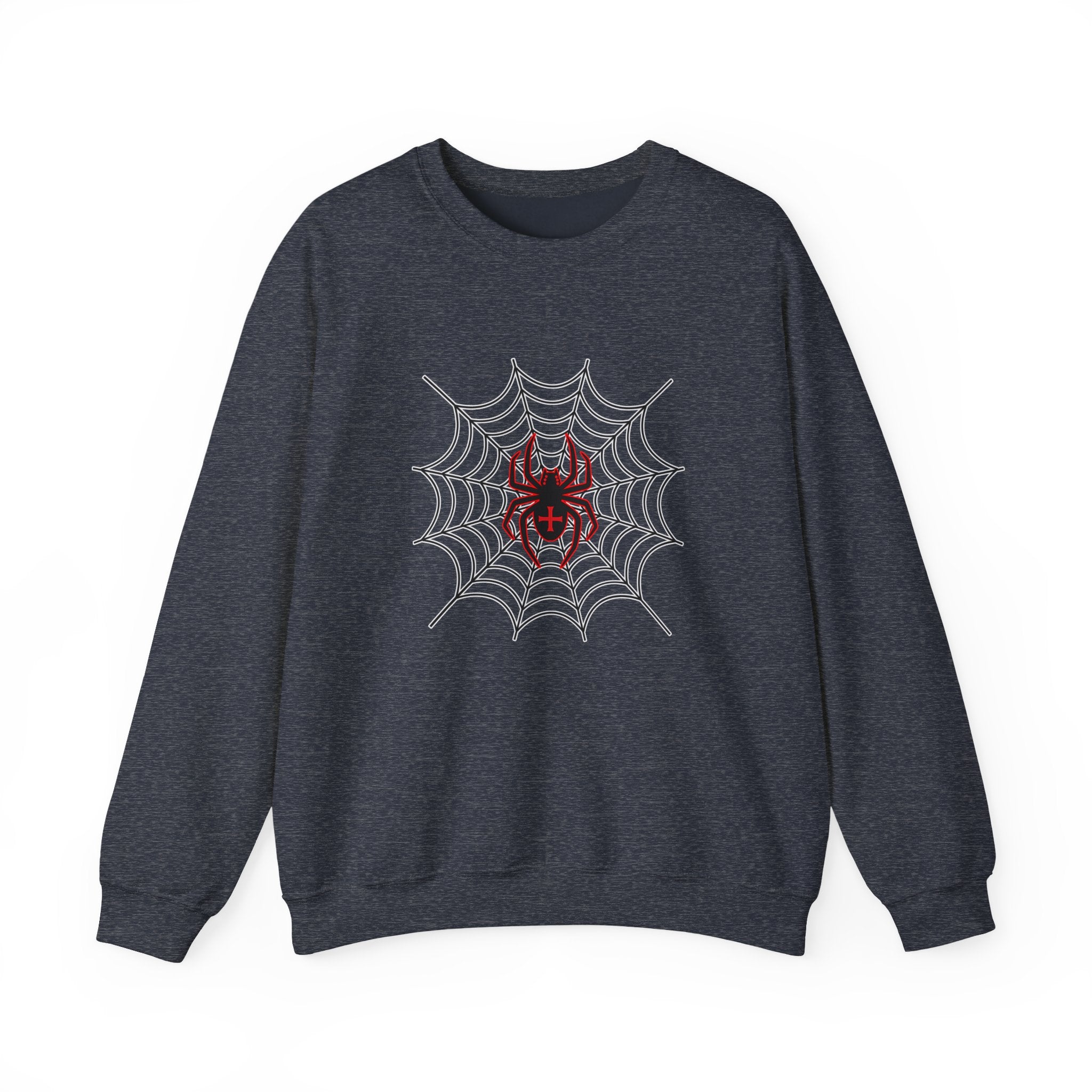 Dark navy sweatshirt with a spider and web design on a white background
