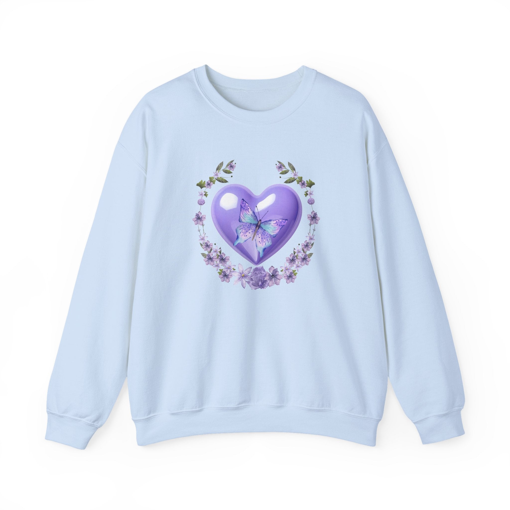 Light blue sweatshirt with a purple heart and butterfly design on a white background