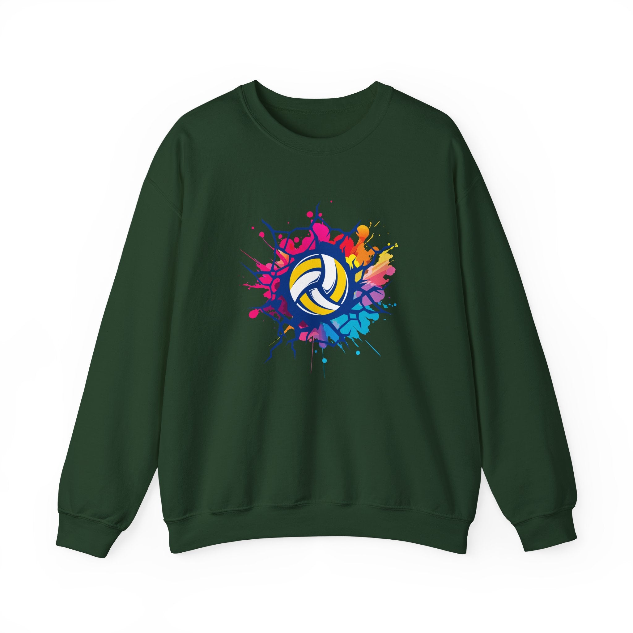 Green sweatshirt with a colorful volleyball design on a white background