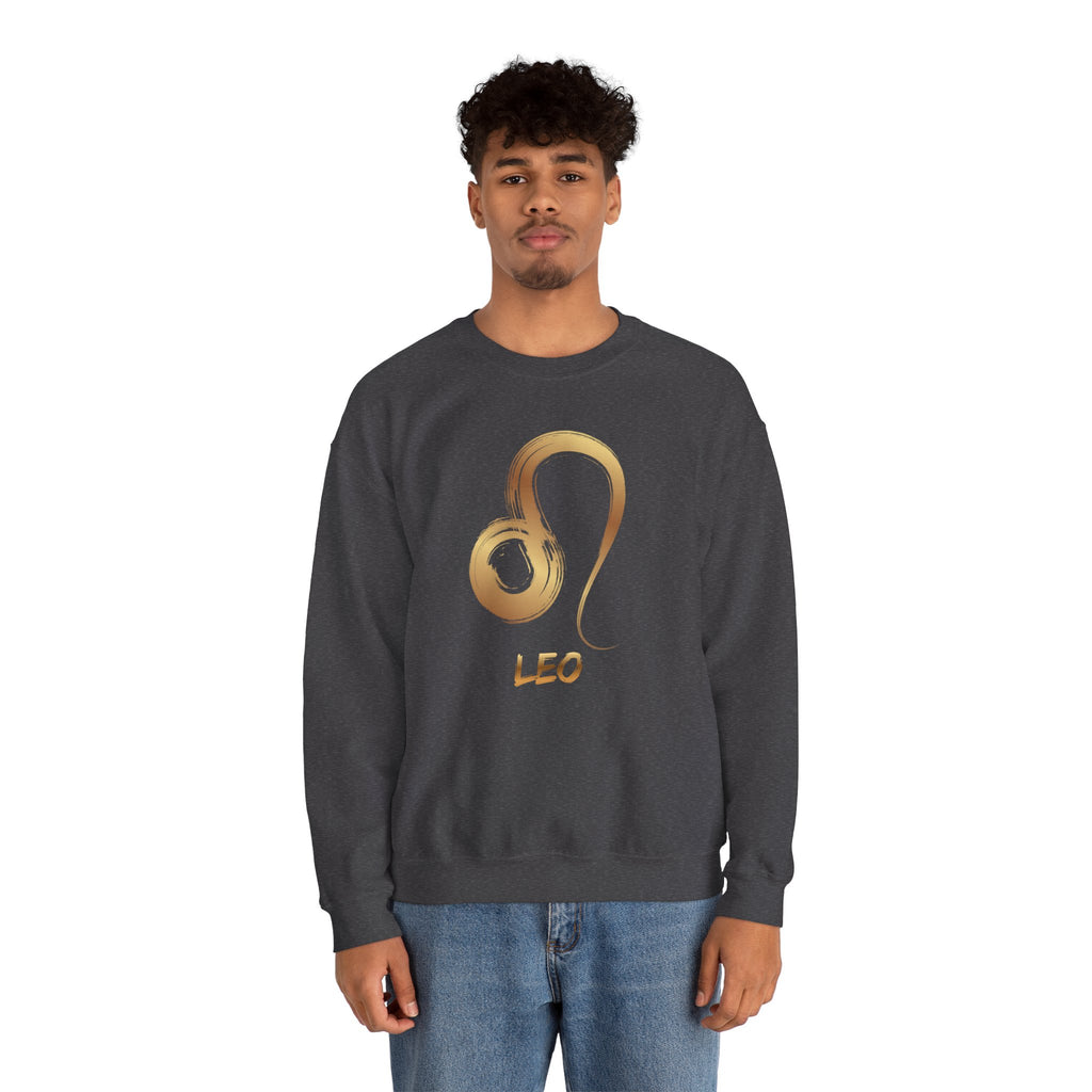 Person wearing a dark gray sweatshirt with a gold Leo symbol design on a white background