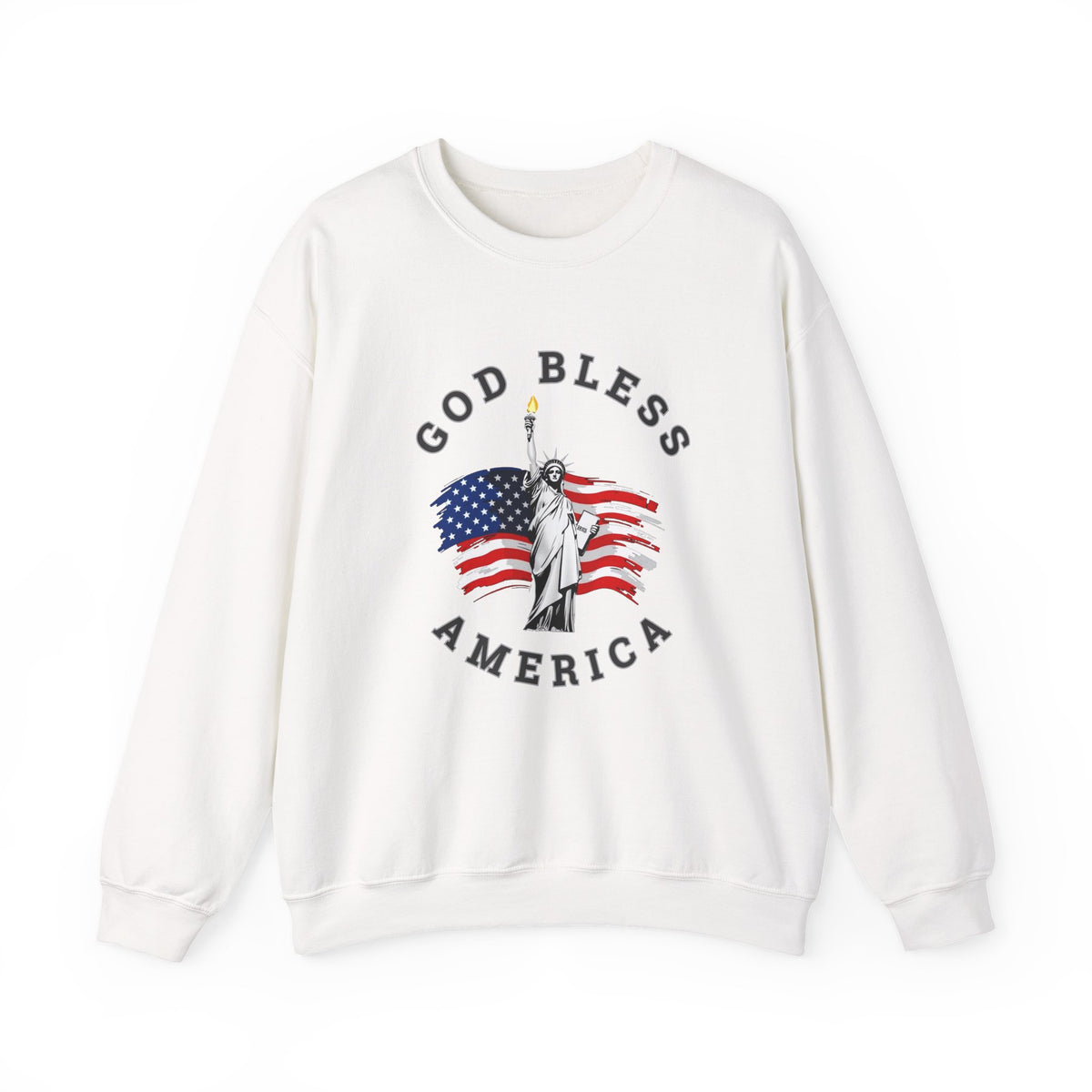 White sweatshirt with 'God Bless America' graphic on a white background