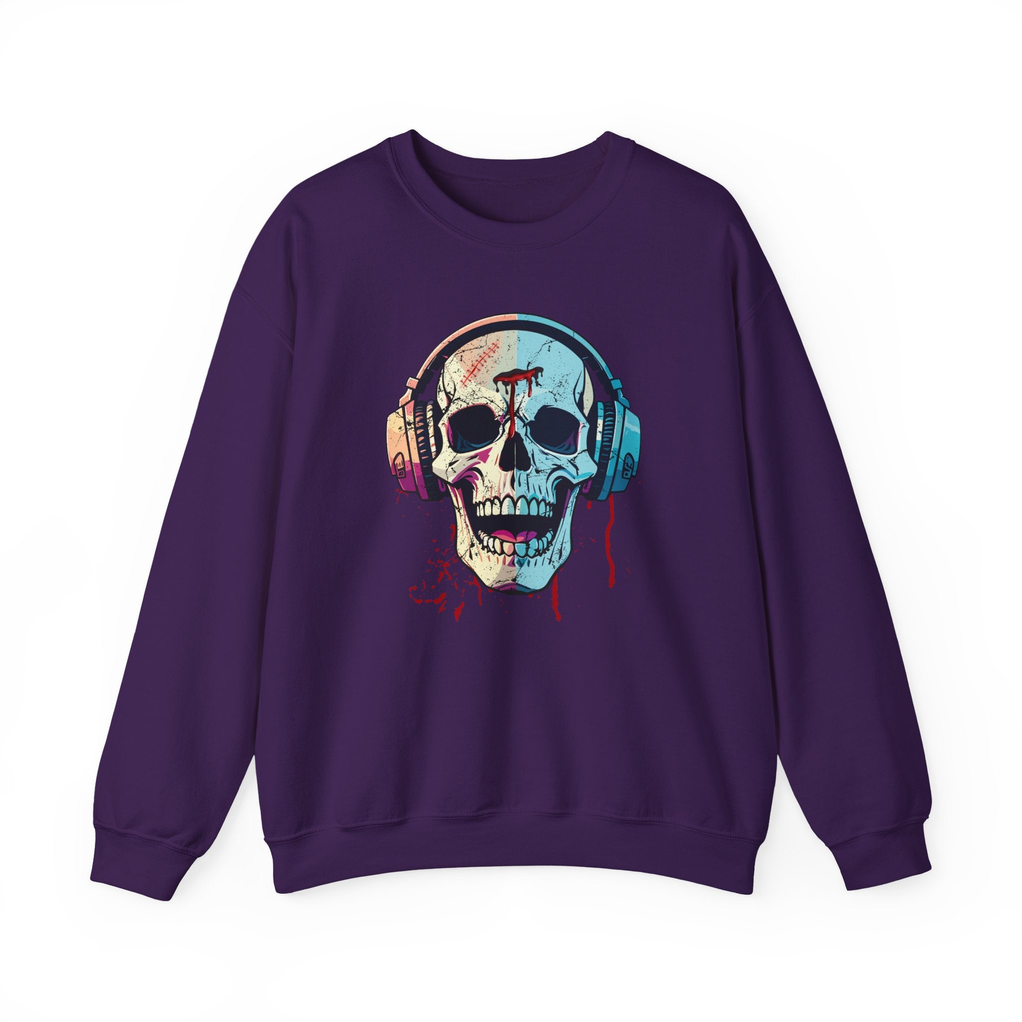 Purple sweatshirt with a colorful skull design wearing headphones on a white background