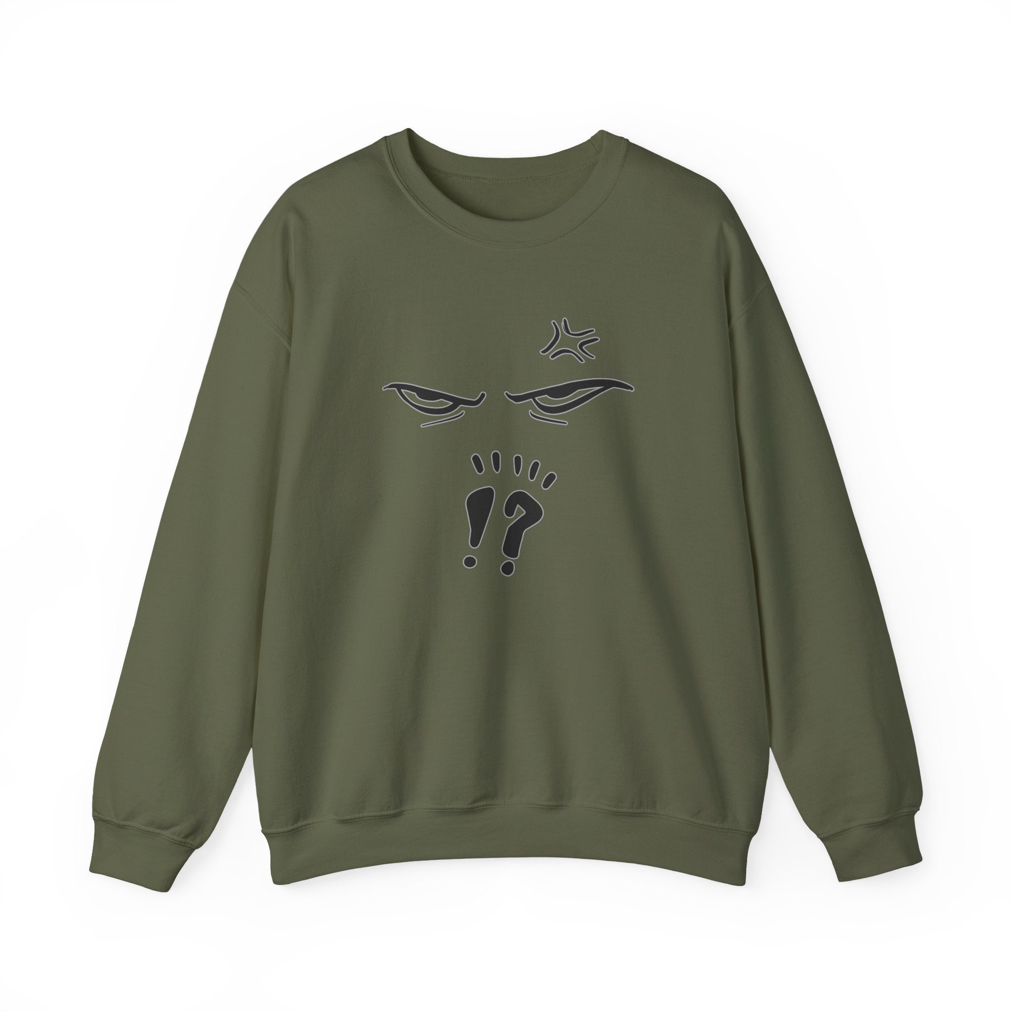 Green sweatshirt with black anime graphic design on a white background