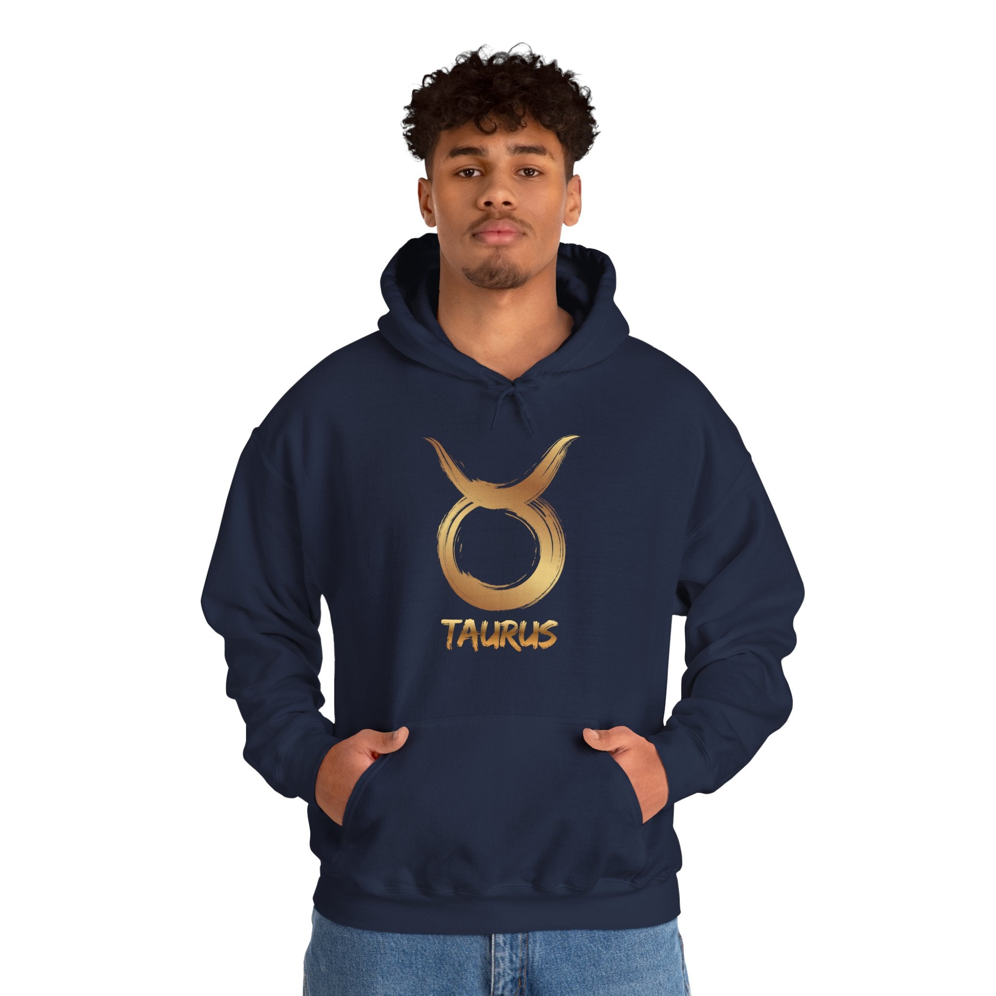 Person wearing hoodie with gold Taurus symbol and text on a white background