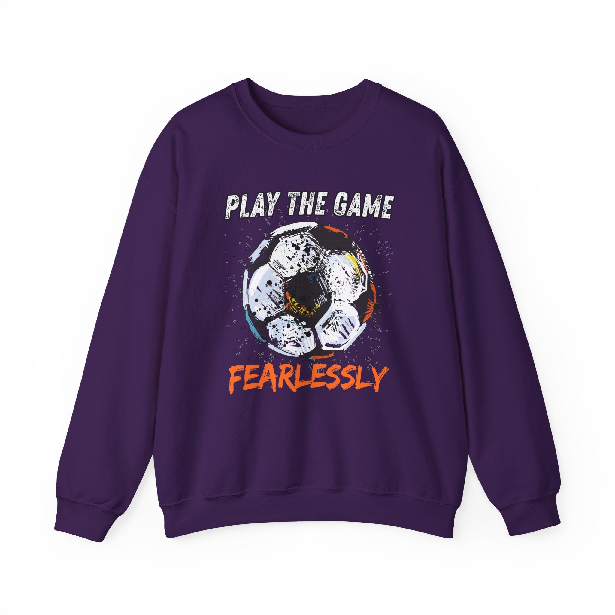Purple sweatshirt with dirty soccer ball graphic and play the game fearlessly text on a white background