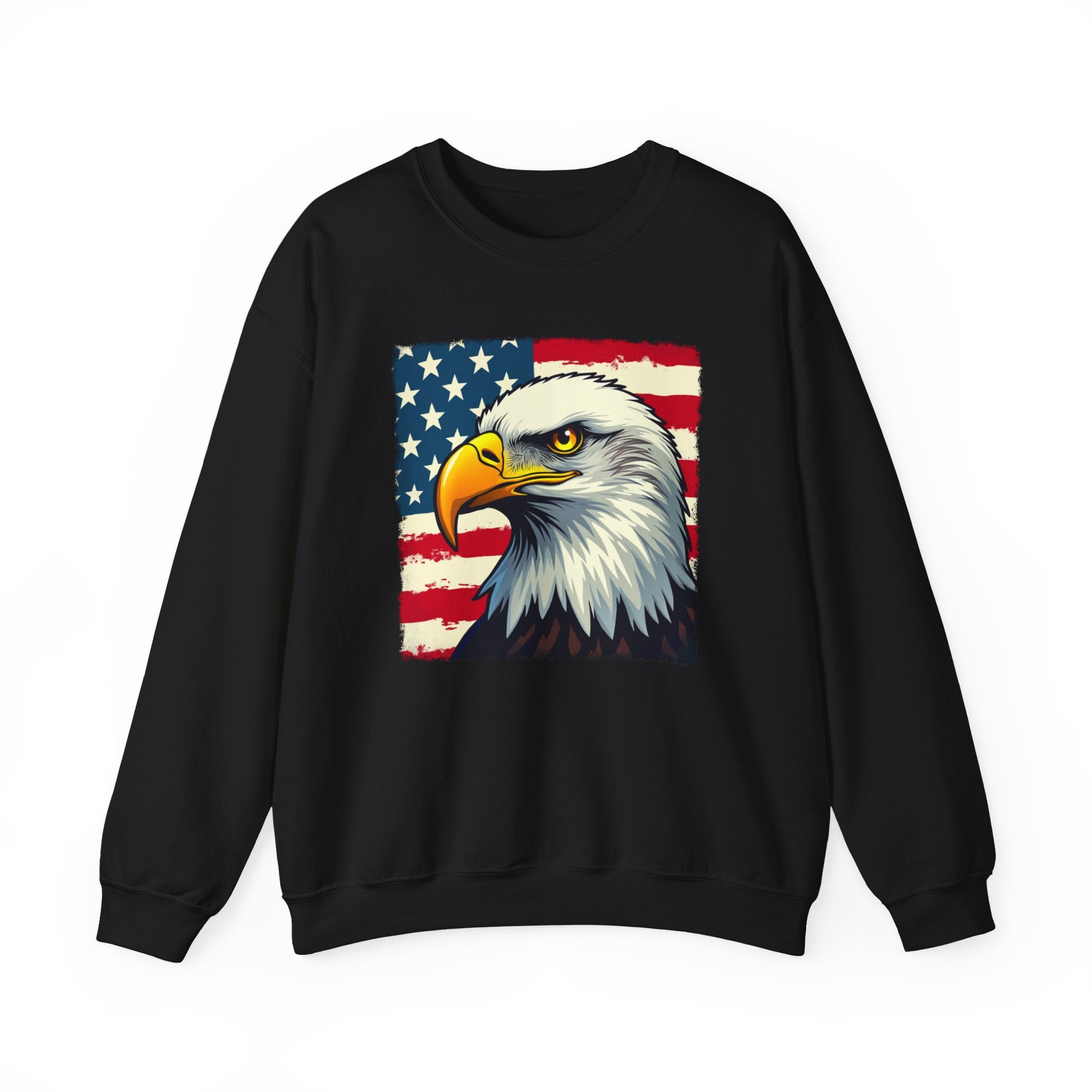 Black sweatshirt with an eagle and American flag design on a white background