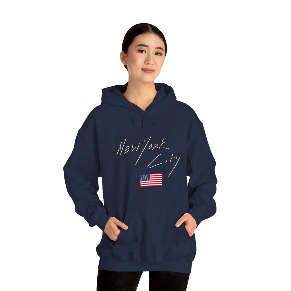 Person wearing a black hoodie with 'New York City' text and American flag on a white background