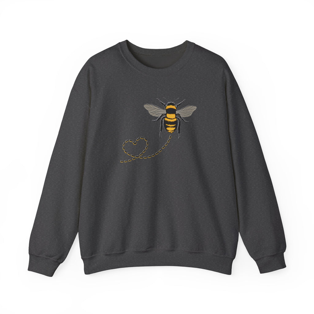 Dark gray sweatshirt with a bee and dotted heart design on a white background