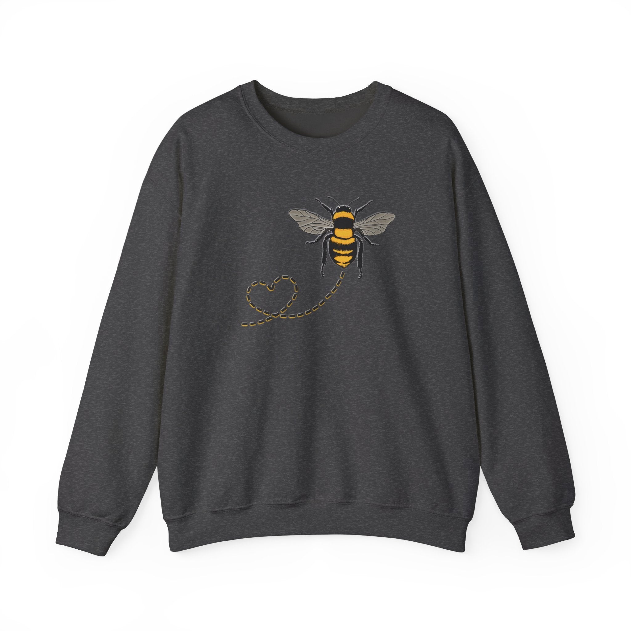 Dark gray sweatshirt with a bee and dotted heart design on a white background