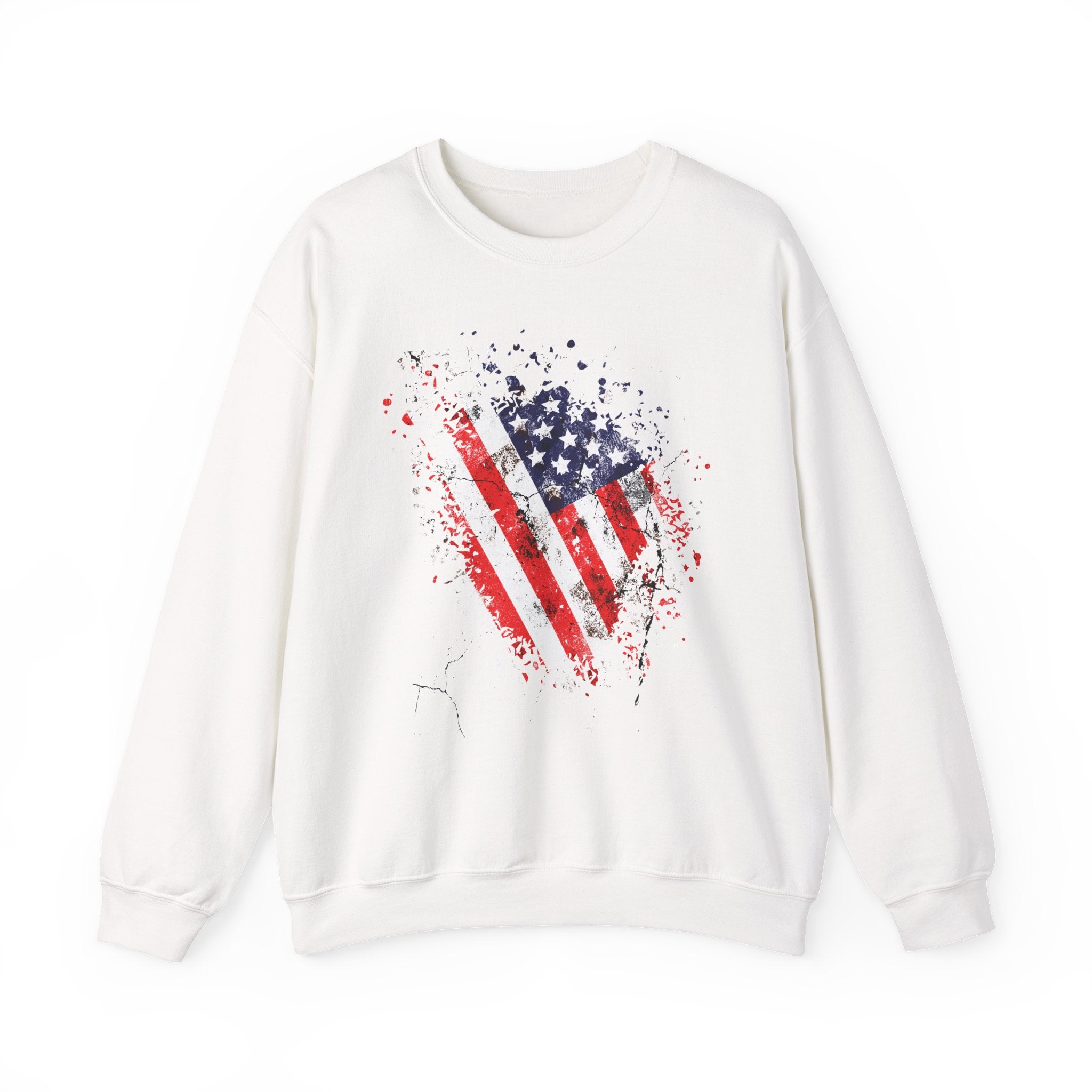 White sweatshirt with American flag design on a white background