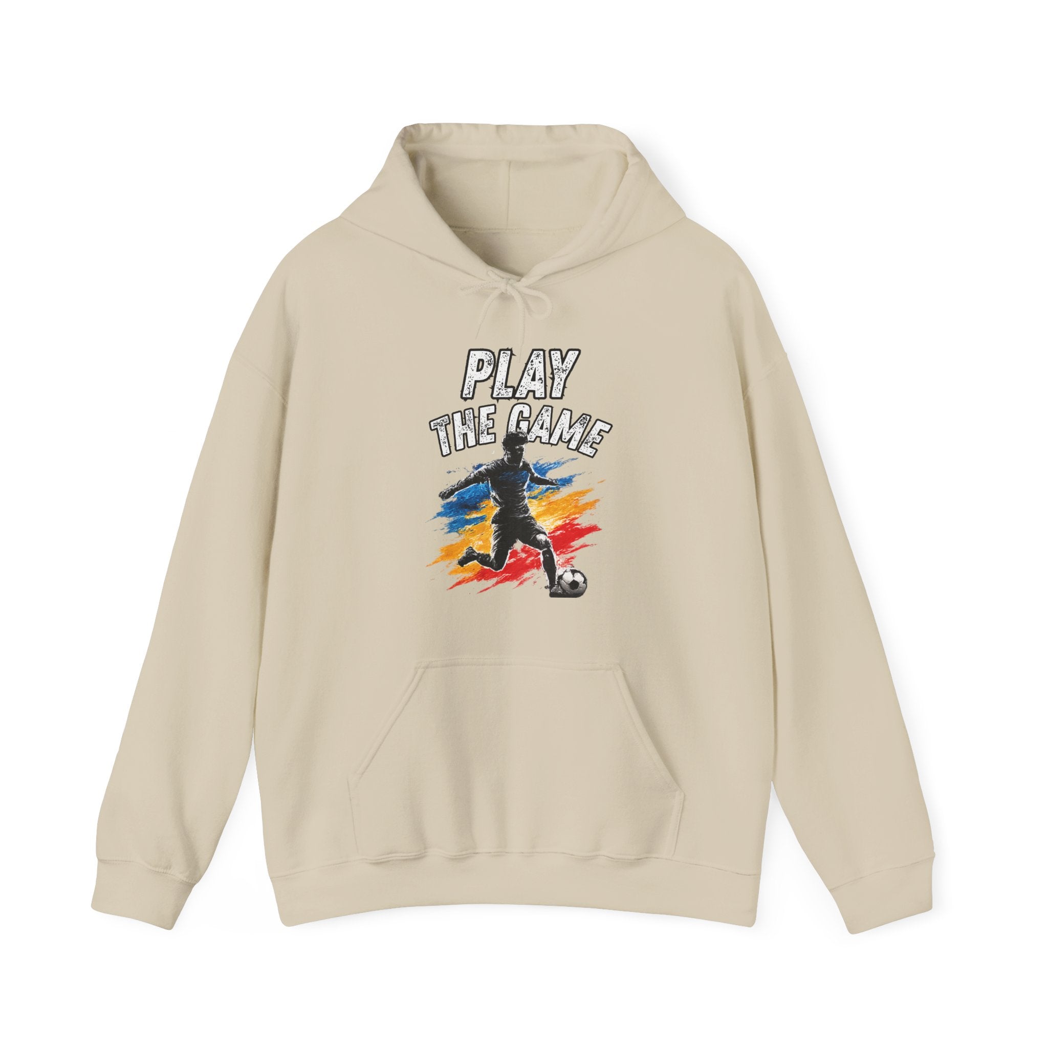 A beige pullover hoodie with a 'PLAY THE GAME' graphic on the chest featuring a soccer player and colorful paint strokes, displayed on a clean white background.