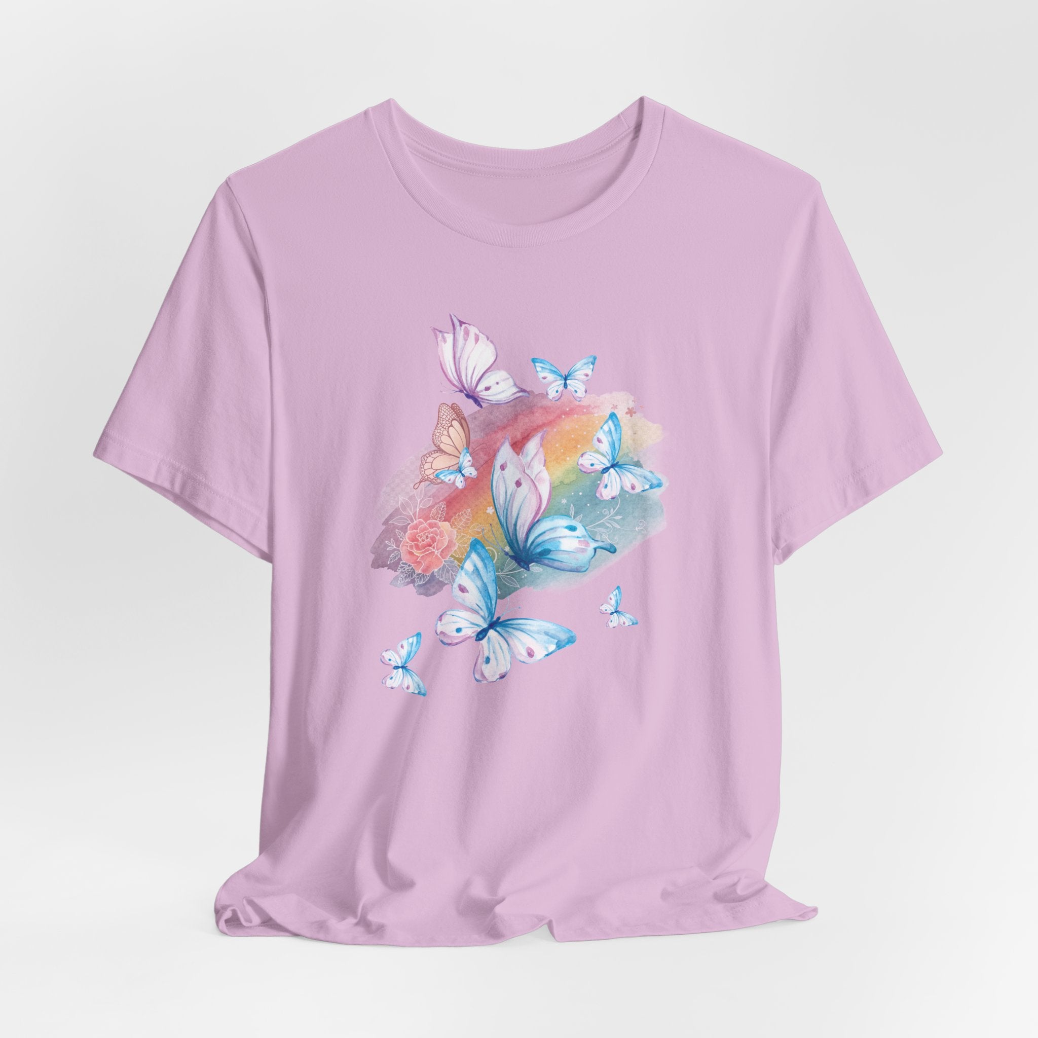 Lavender t-shirt with butterfly and flower design on a light gray background