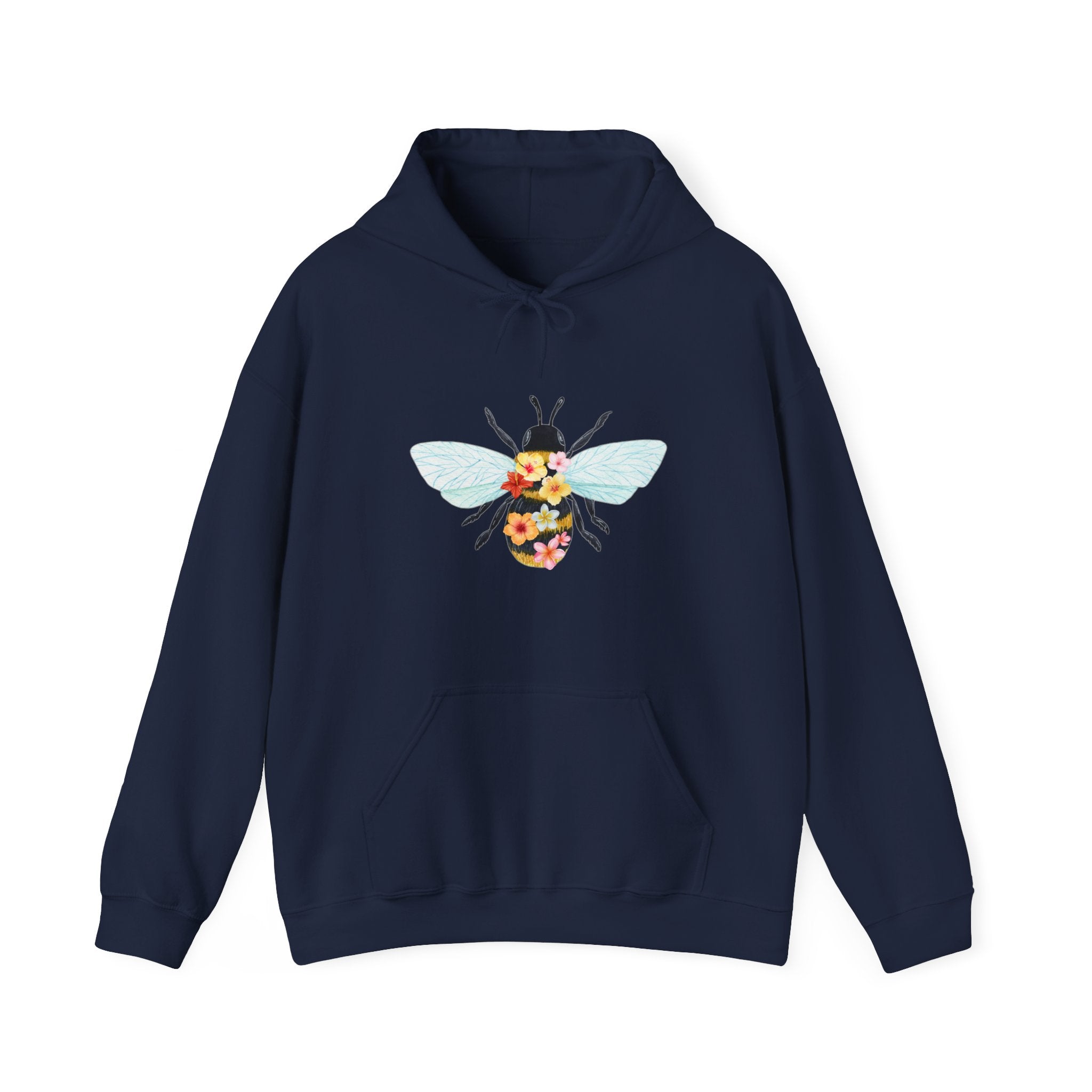 Navy blue hoodie with floral and bee design on a white background