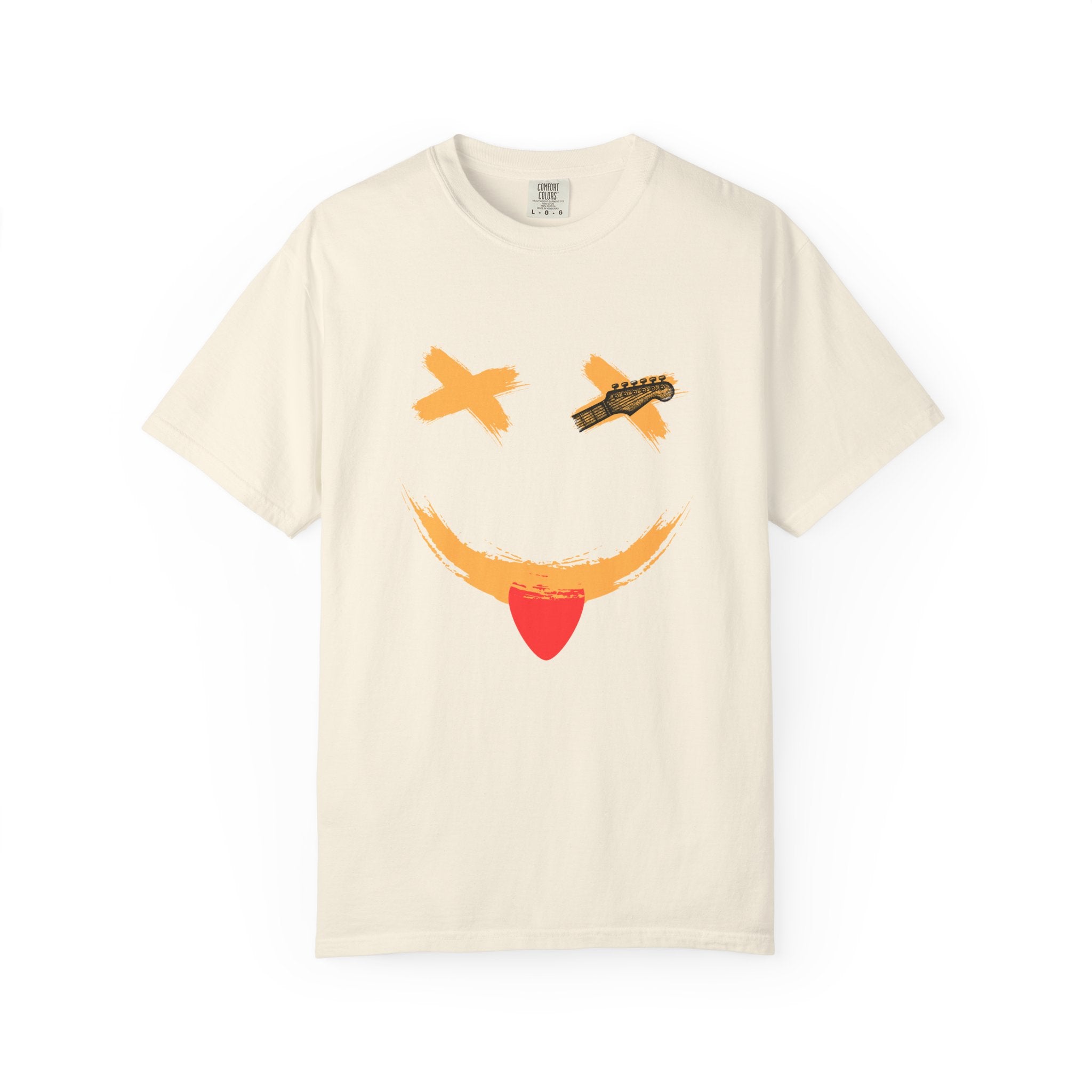 Beige t-shirt with a smiley face design on a white background