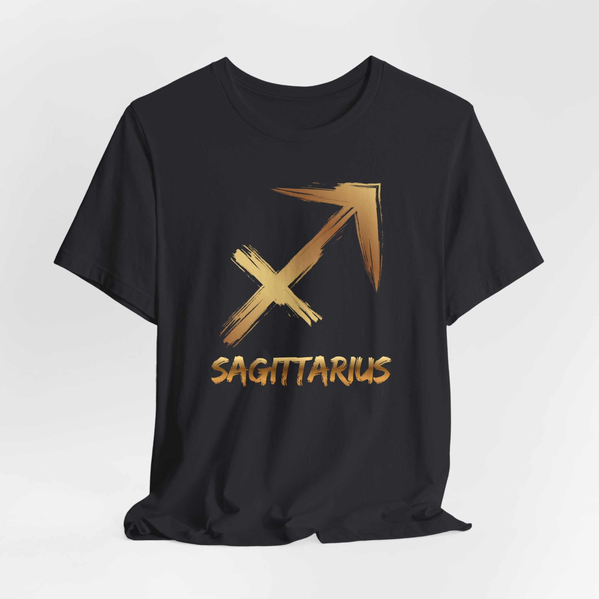 Black t-shirt with gold Sagittarius symbol on a white background