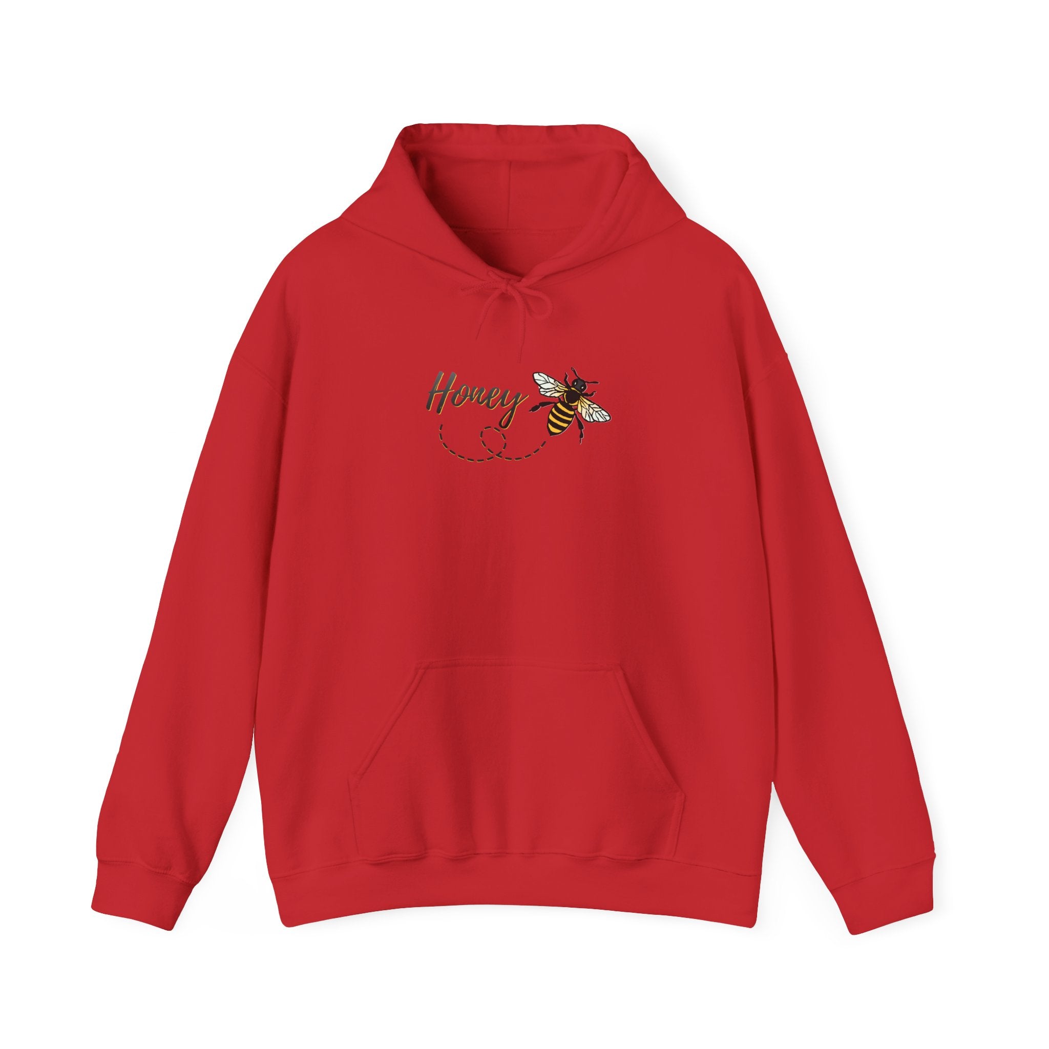 Red hoodie with a bee and 'Honey' text design on a white background