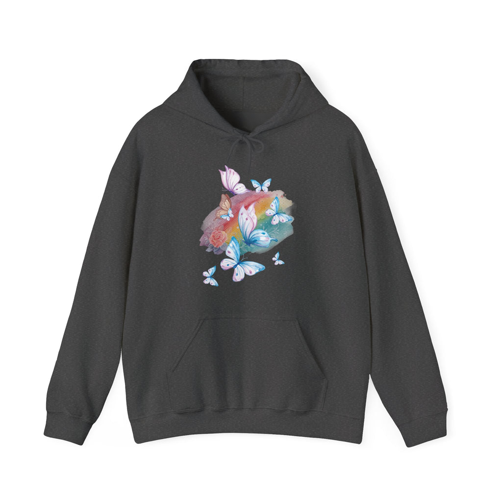 Dark gray hoodie with colorful butterfly design on a white background