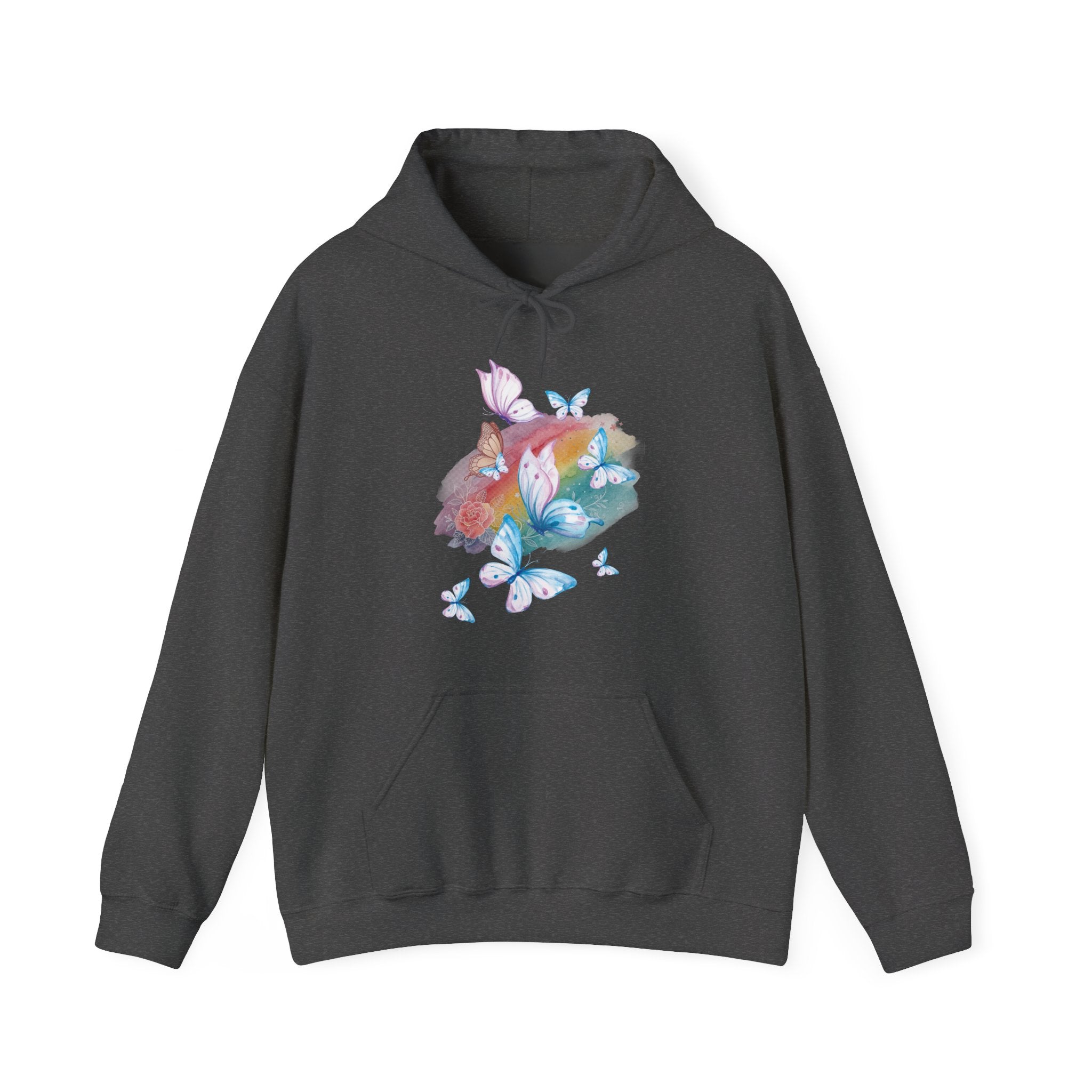 Dark gray hoodie with colorful butterfly design on a white background