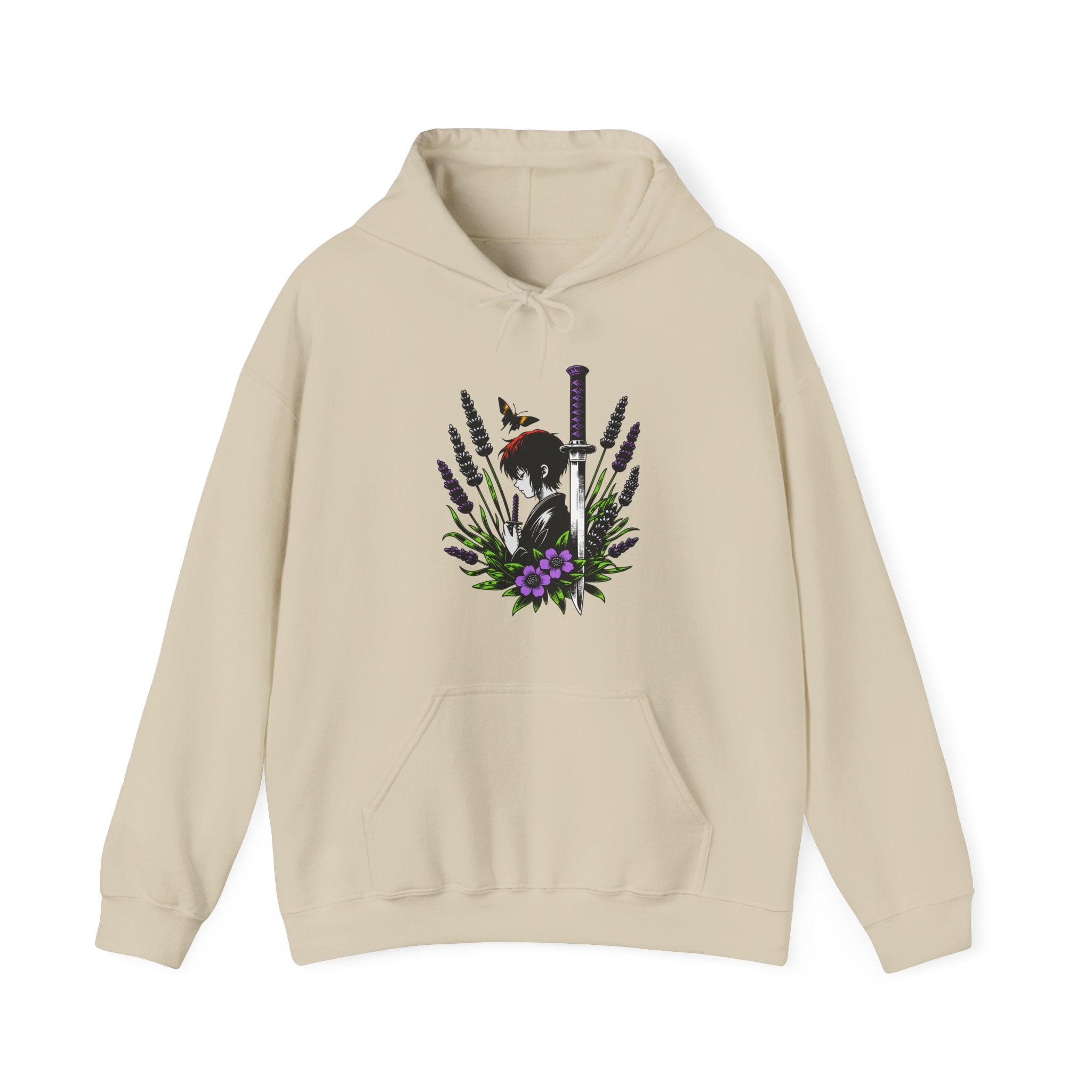 Beige hoodie with an anime graphic design on a white background