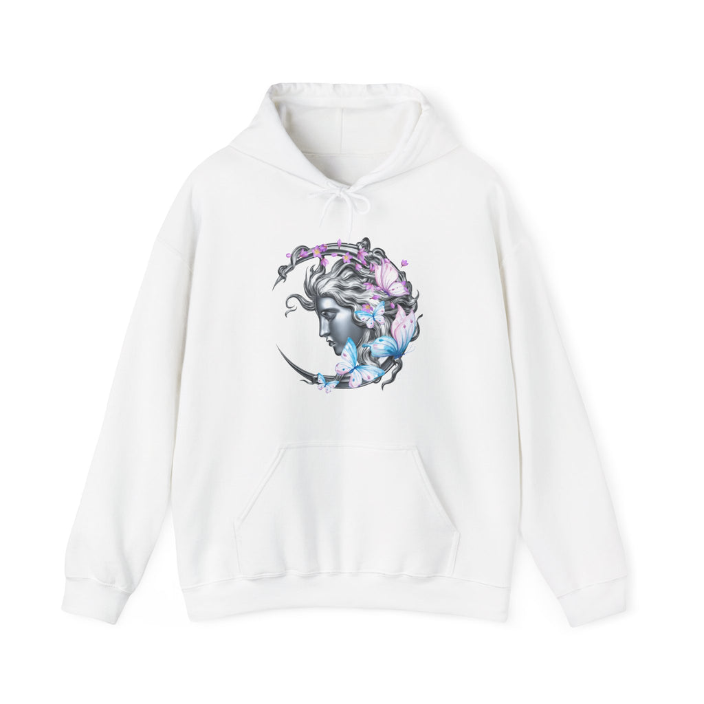White hoodie with a woman and flower design on a white background