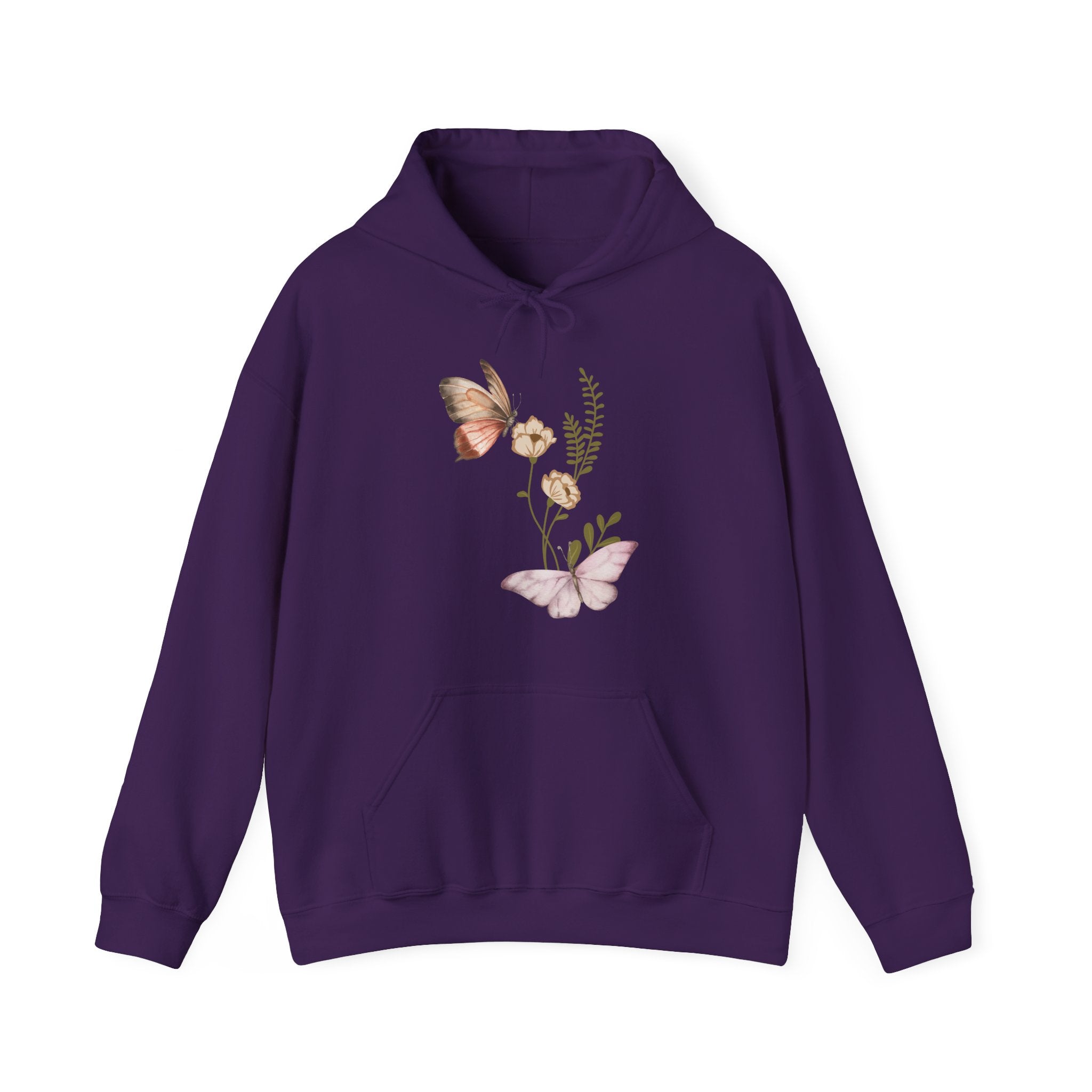 Purple hoodie with butterfly and floral design on a white background