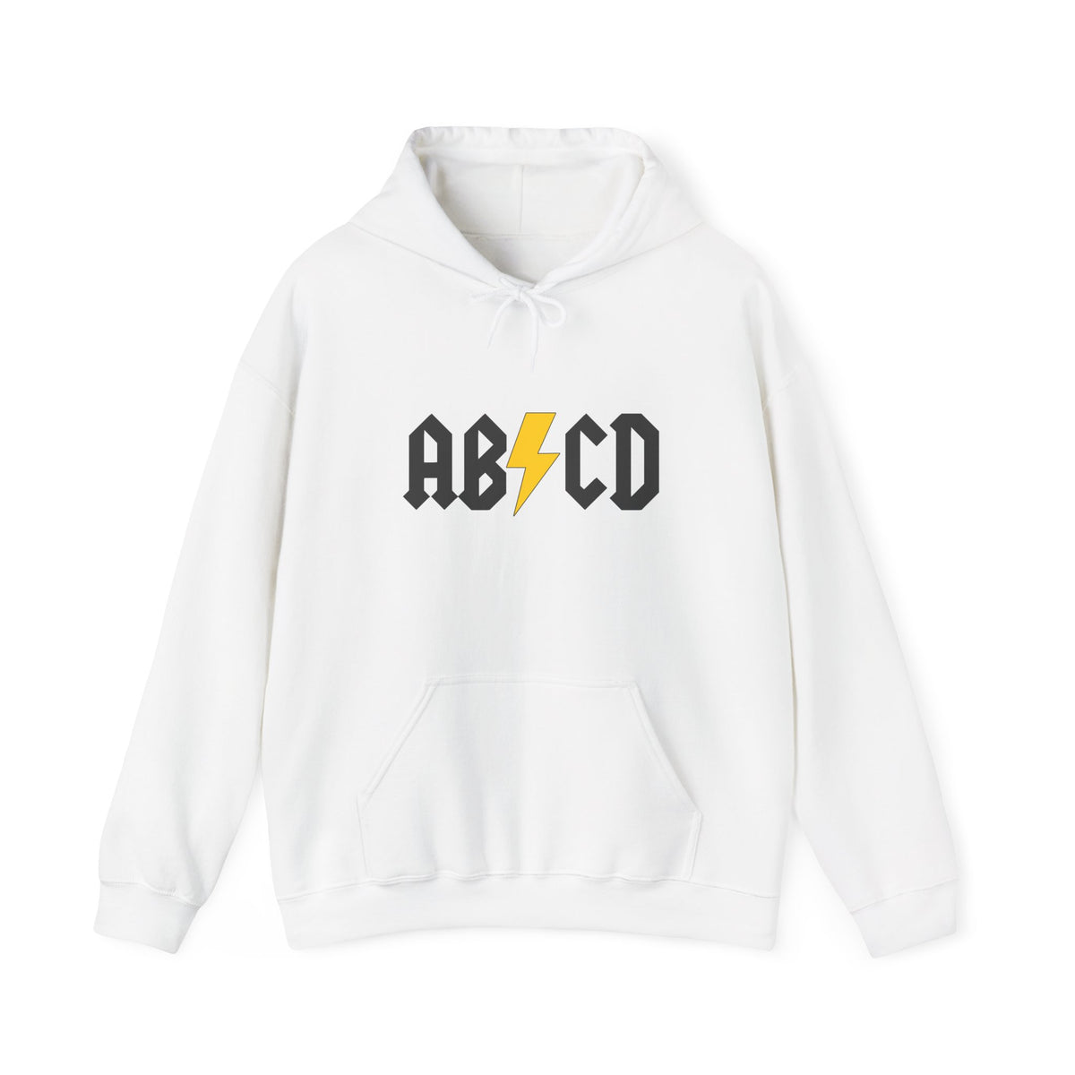 White hoodie with 'ABCD' logo featuring a lightning bolt on a white background