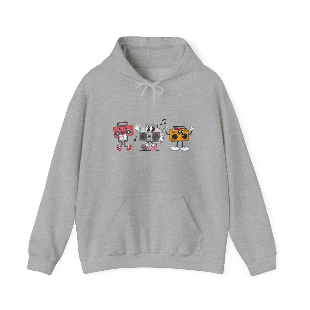 Gray hoodie with cartoon robot design on a white background