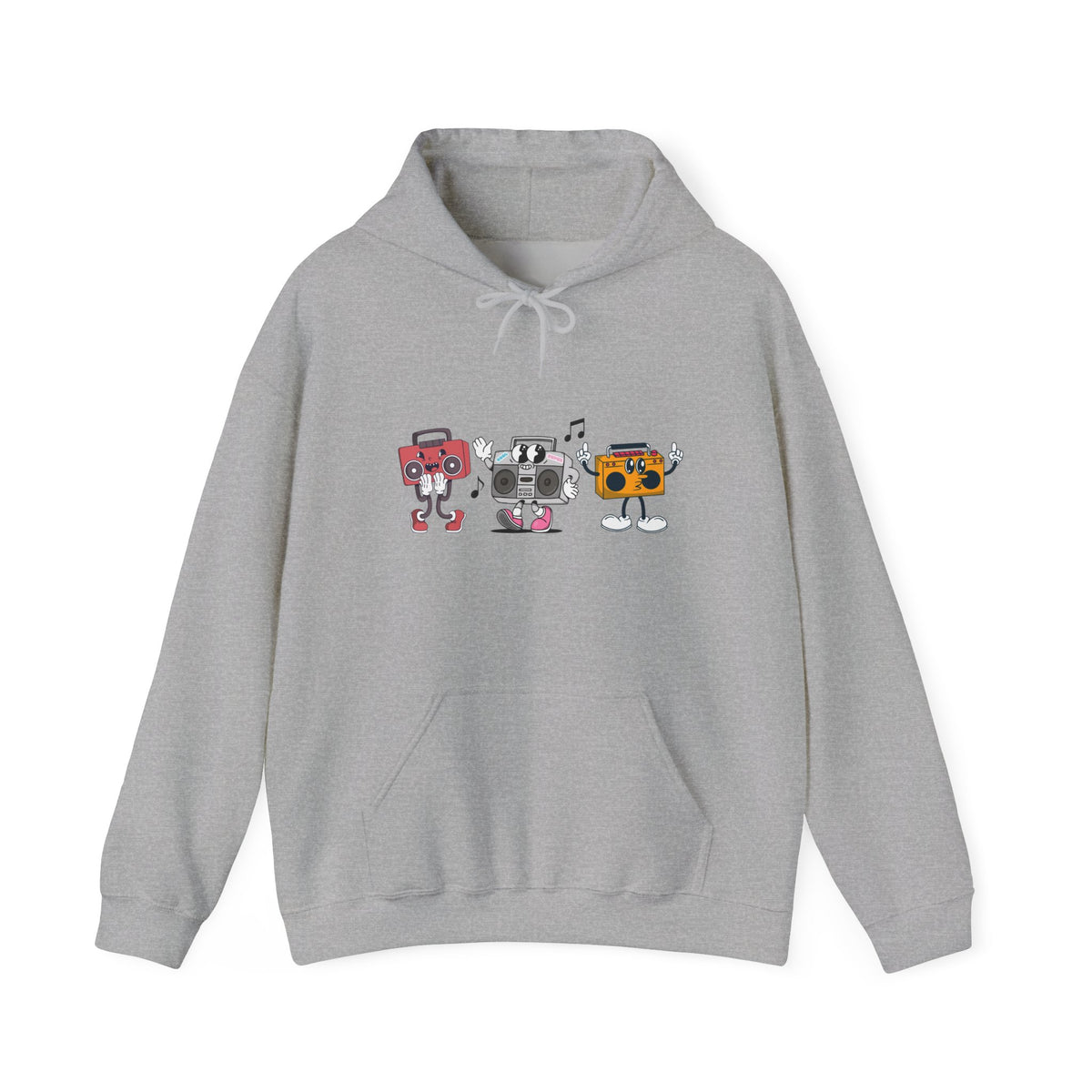 Gray hoodie with cartoon robot design on a white background