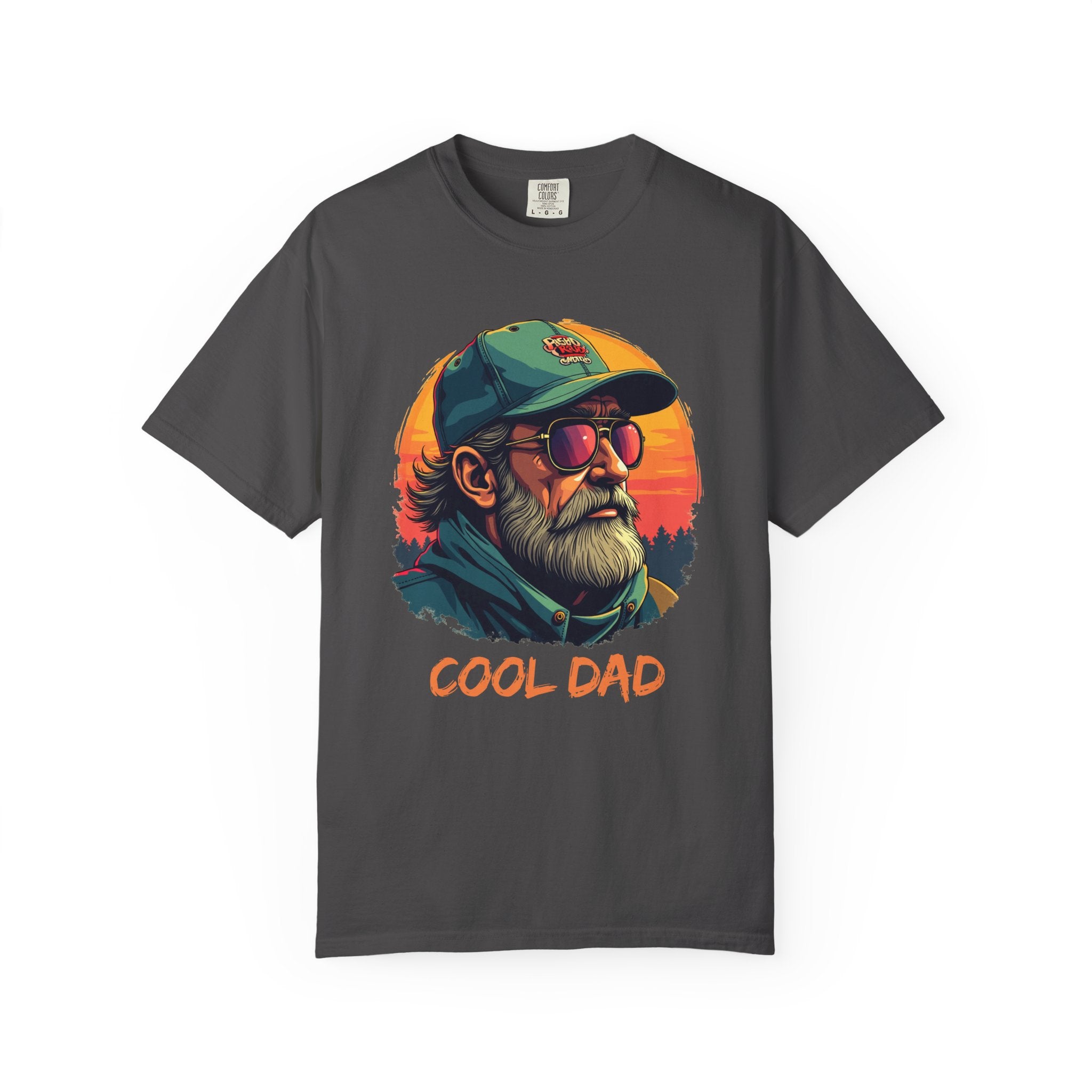 Light brown t-shirt with 'Cool Dad' graphic design featuring a man with sunglasses and a cap on a white background