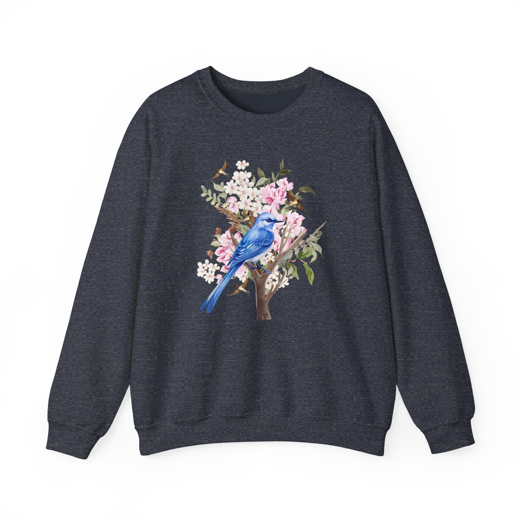 Dark navy sweatshirt with a blue bird and floral design on a white background