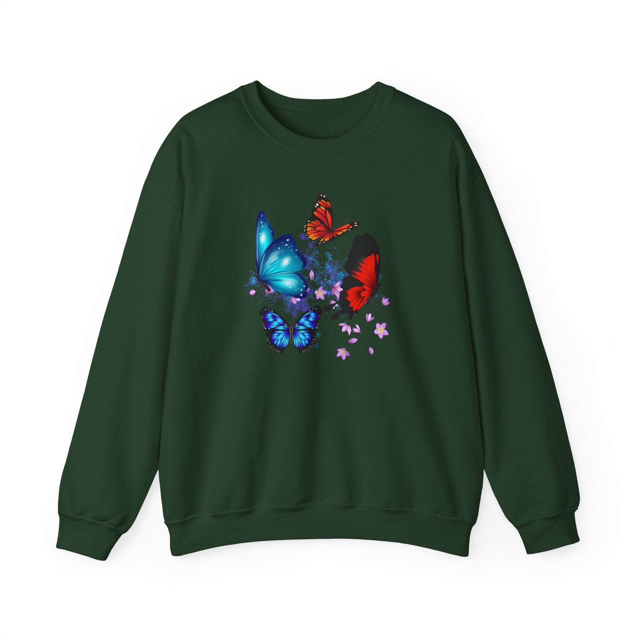 Green sweatshirt with colorful butterfly design on a white background