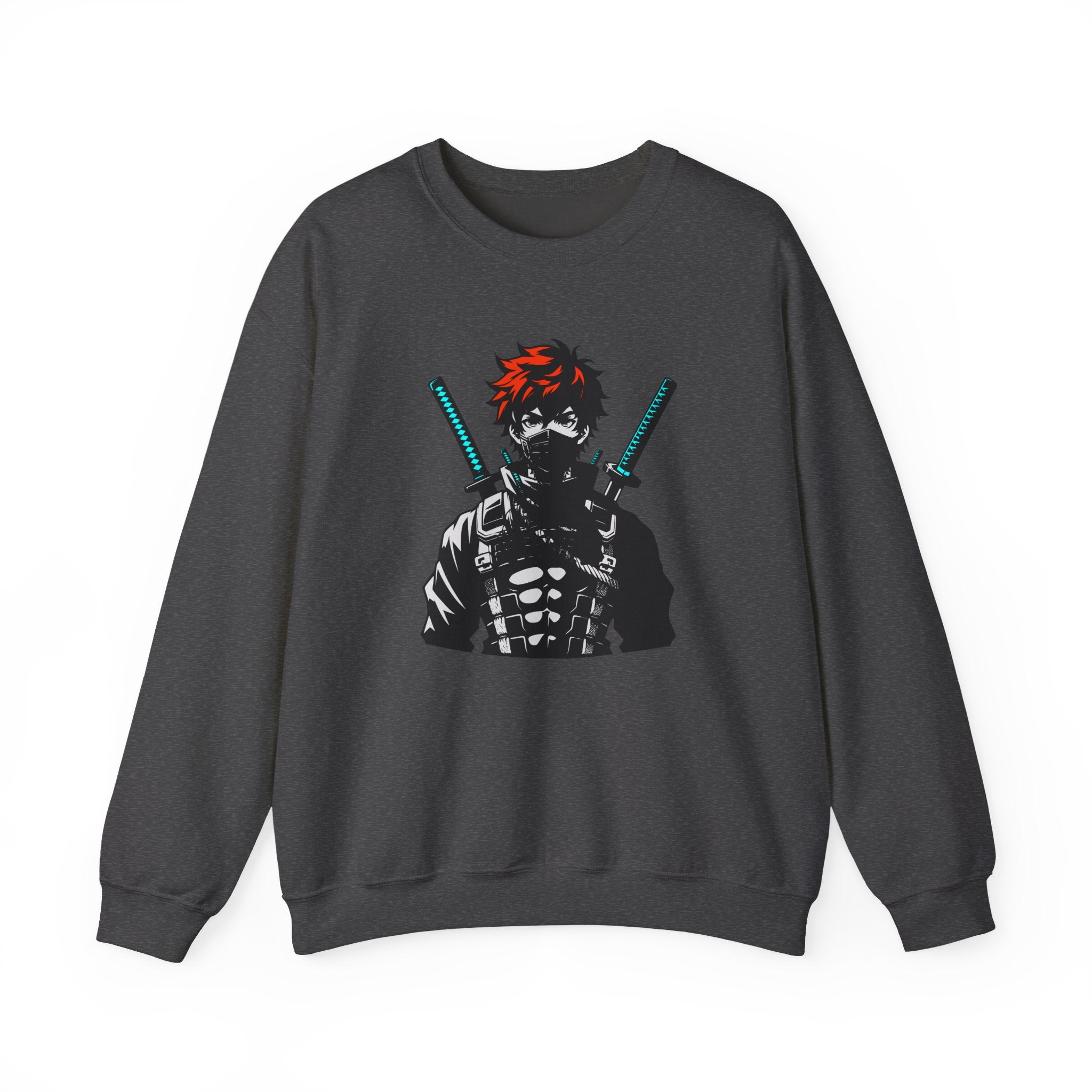 Dark gray sweatshirt with a graphic design of a character holding swords on a white background