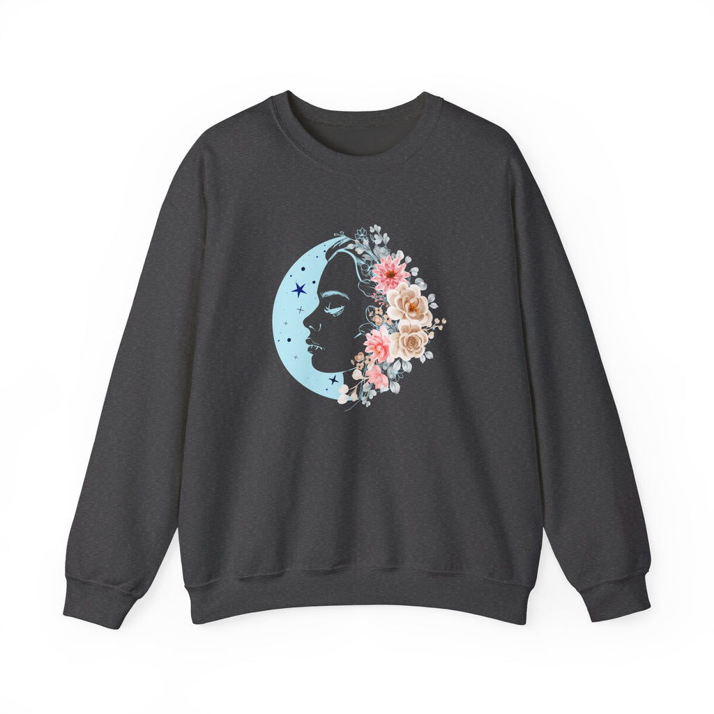 Black sweatshirt with a floral moon design on a white background